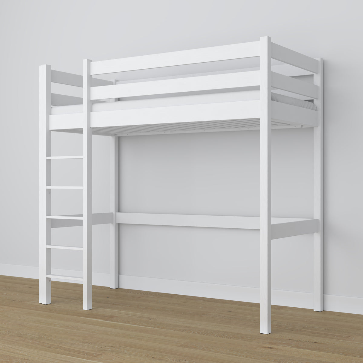White Wooden Loft Bed – Slatted Frame, Side View