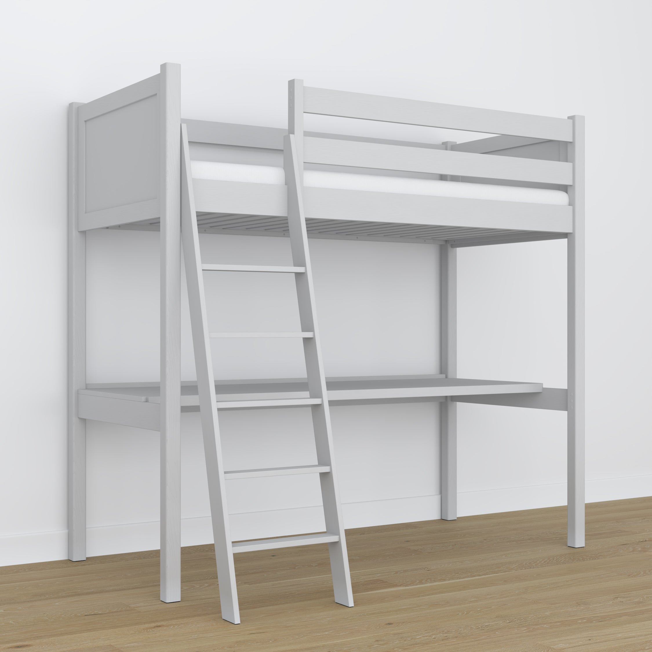 Grey Wooden Loft Bed with Desk – Ladder and Joint Details