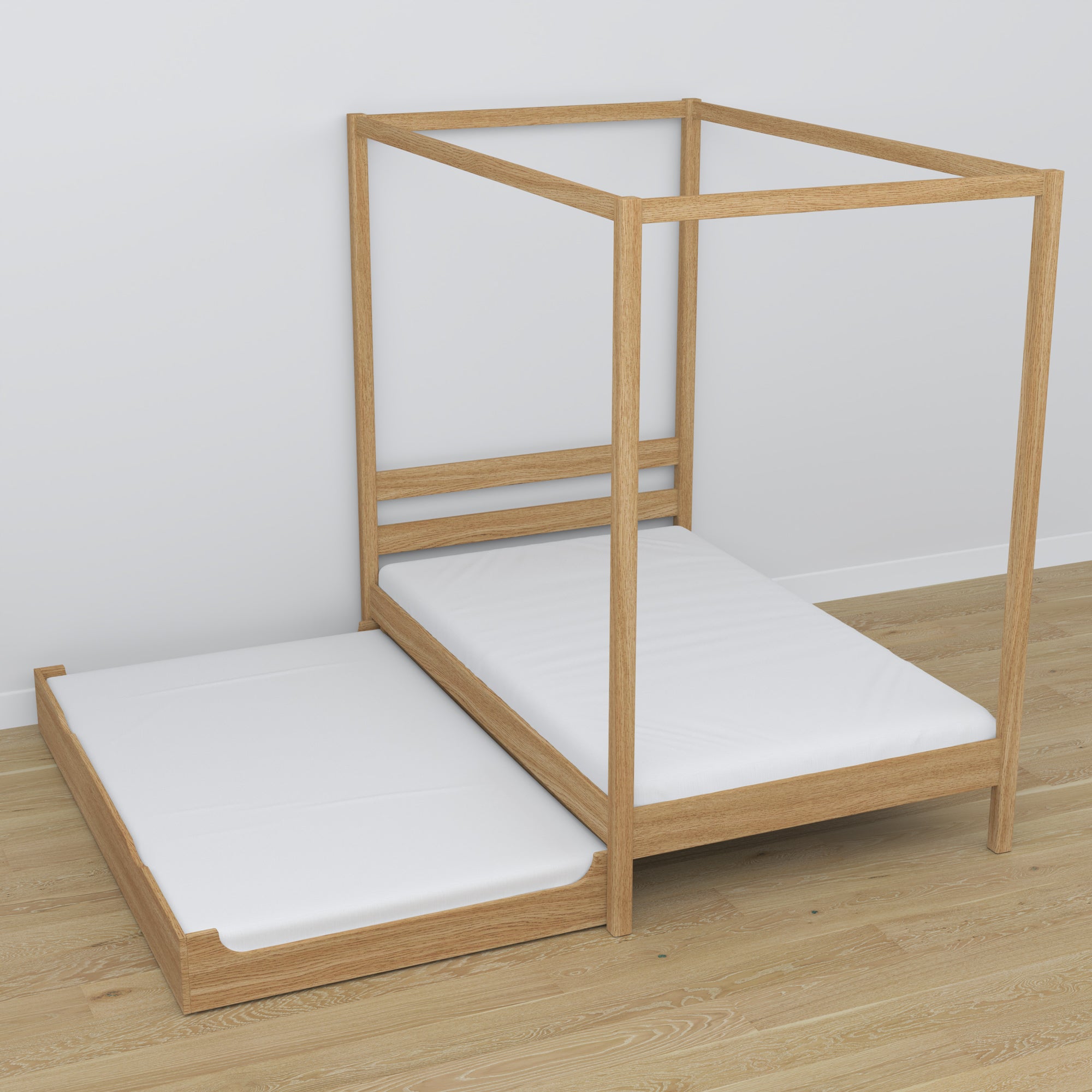 Natural Oak Canopy Bed with Drawer – Side View, Oak, Nizio