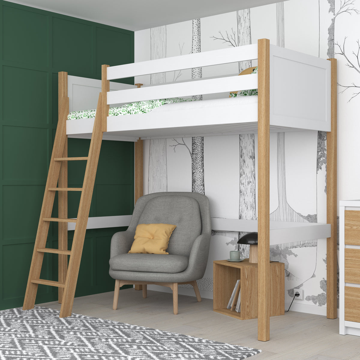 White and Oak Wooden Loft Bed – Free Space Under the Sleeping Area, Nizio