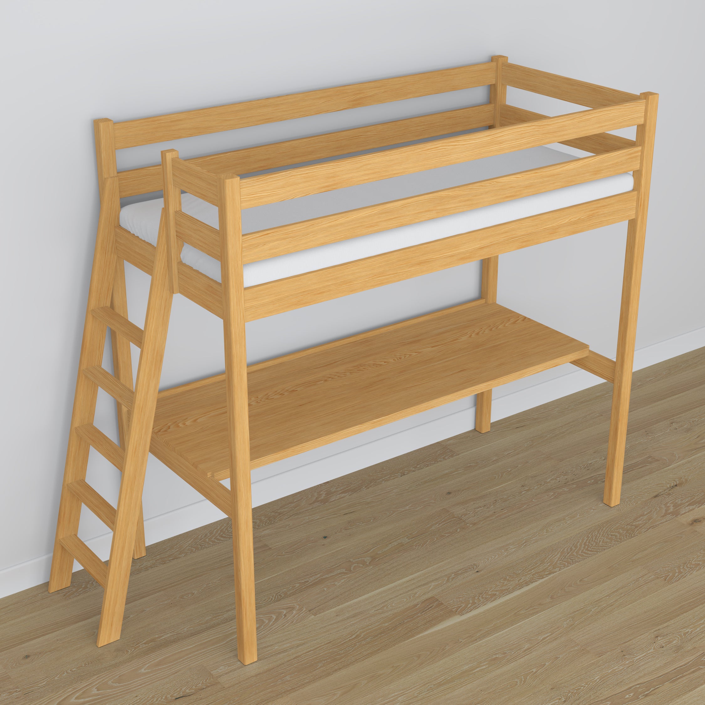 Loft bed natural pine wooden – top view of the sleeping area, Nizio