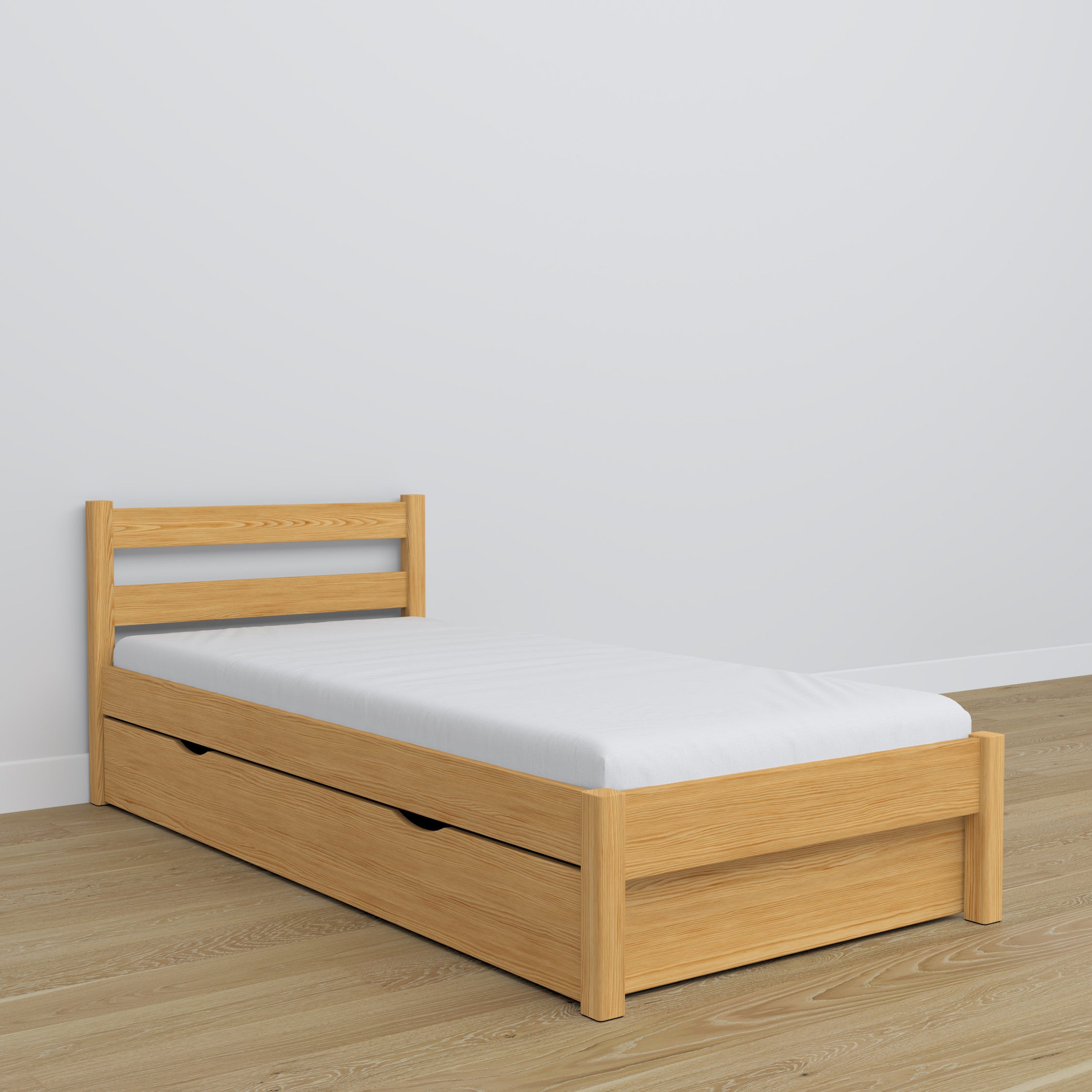 Natural pine bed with drawer – runners and wooden details, Nizio