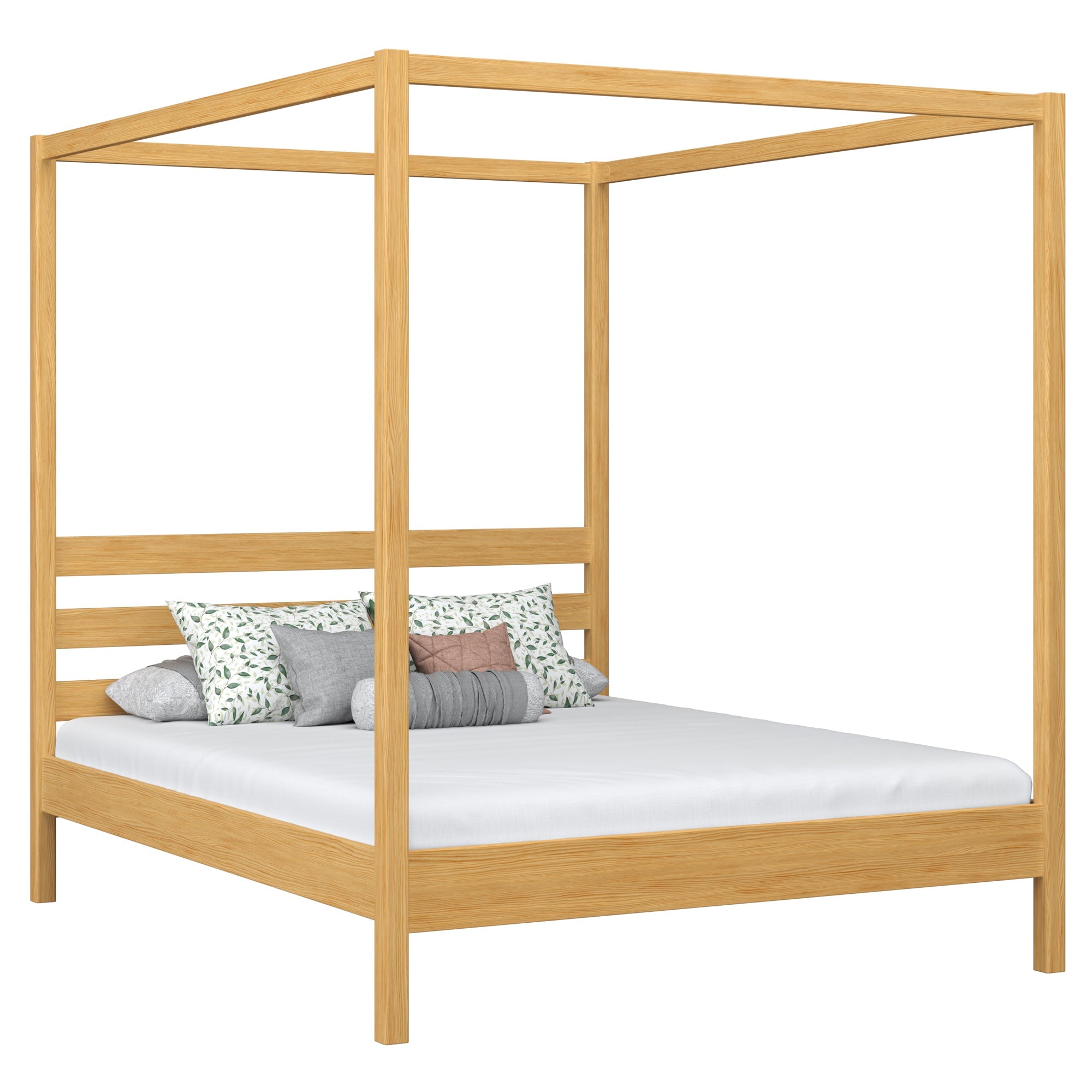 Double bed with canopy natural pine – wooden frame and slats, Nizio