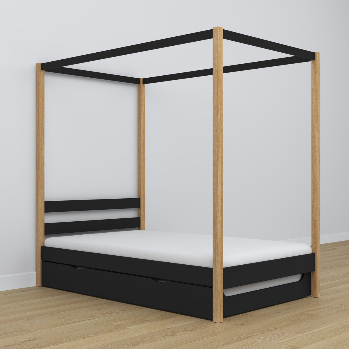 Black and Oak Canopy Bed – Drawer for Additional Mattress, Wooden