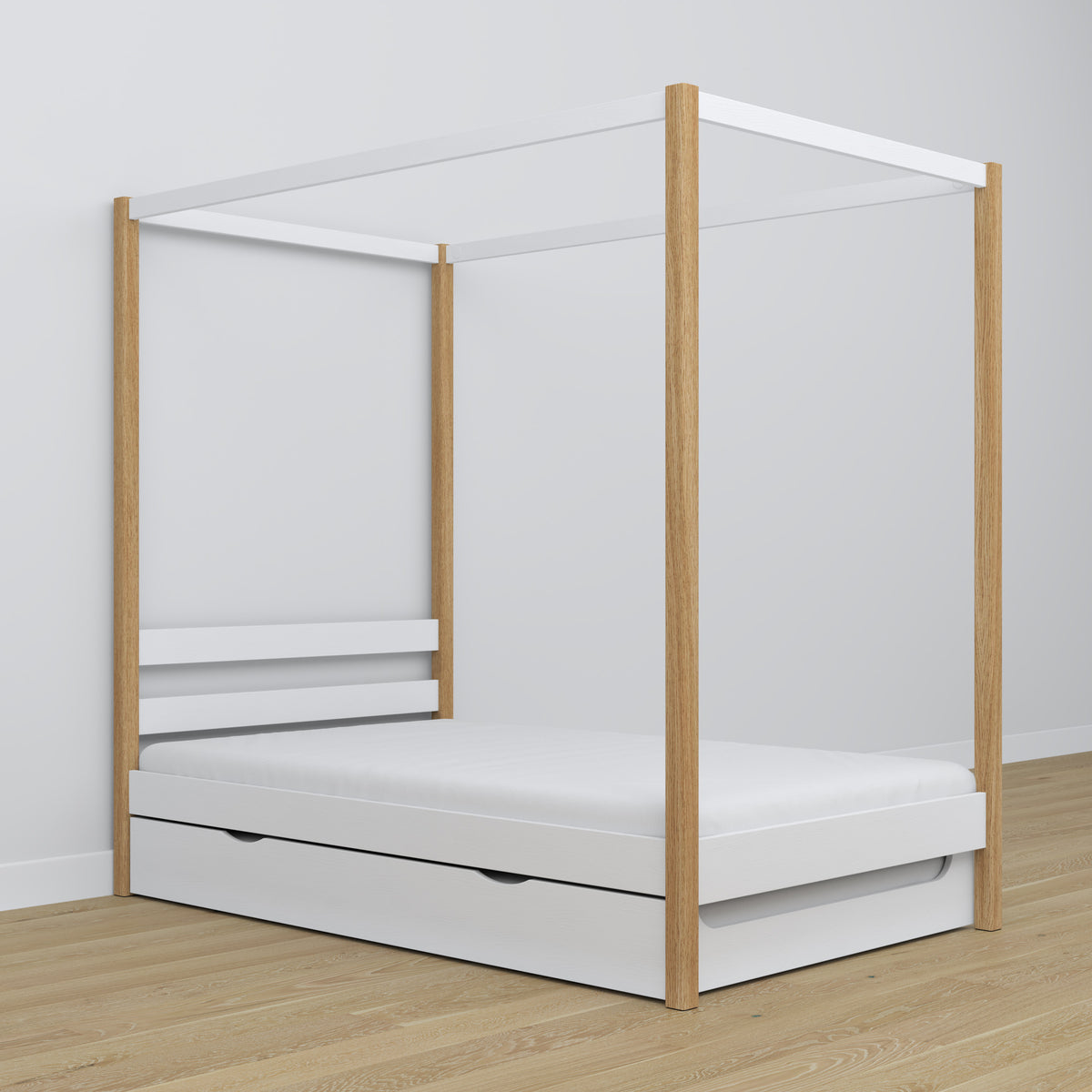 Bed white/oak canopy bed – drawer for an extra mattress, wooden