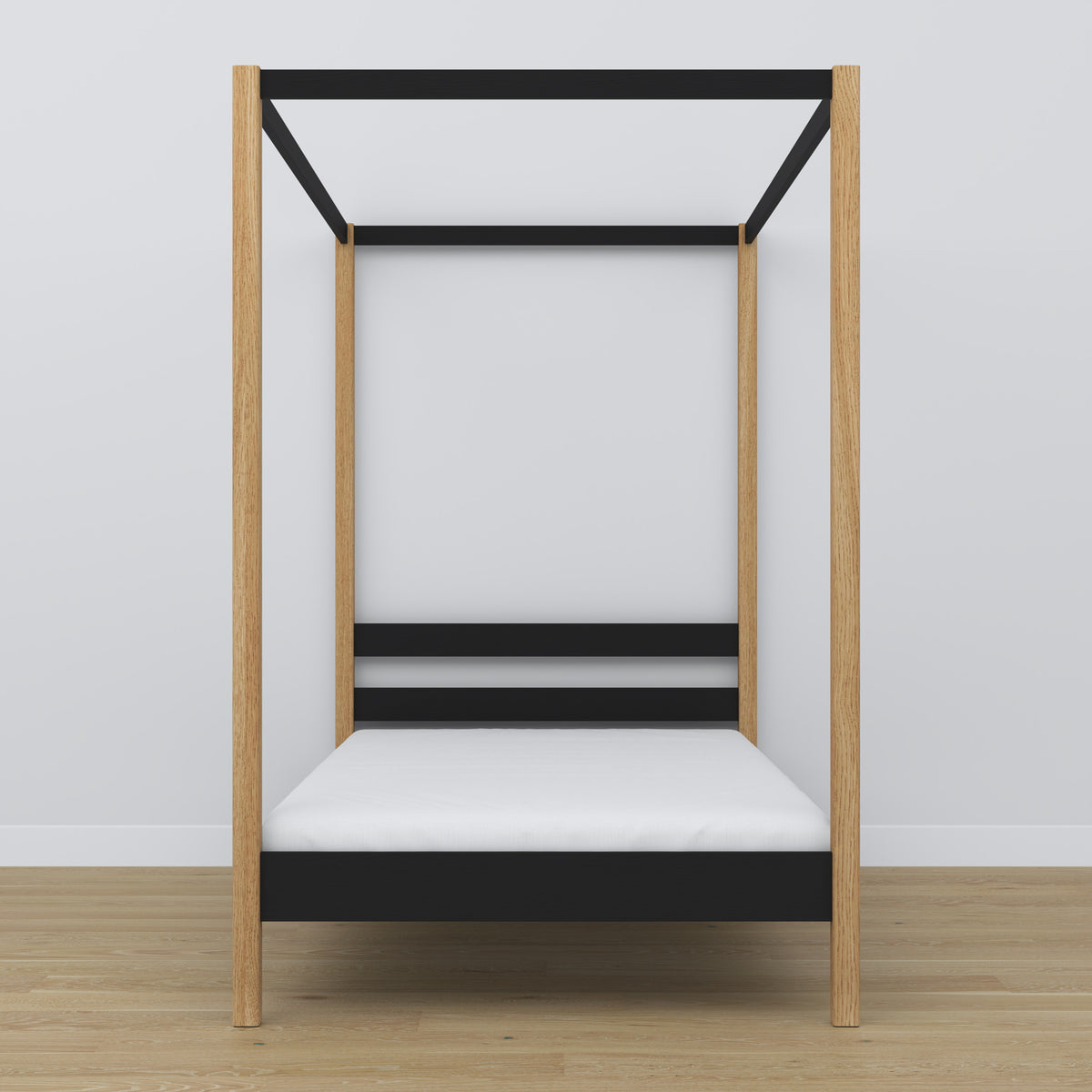 Wooden black-oak canopy bed – close-up of canopy and headboard