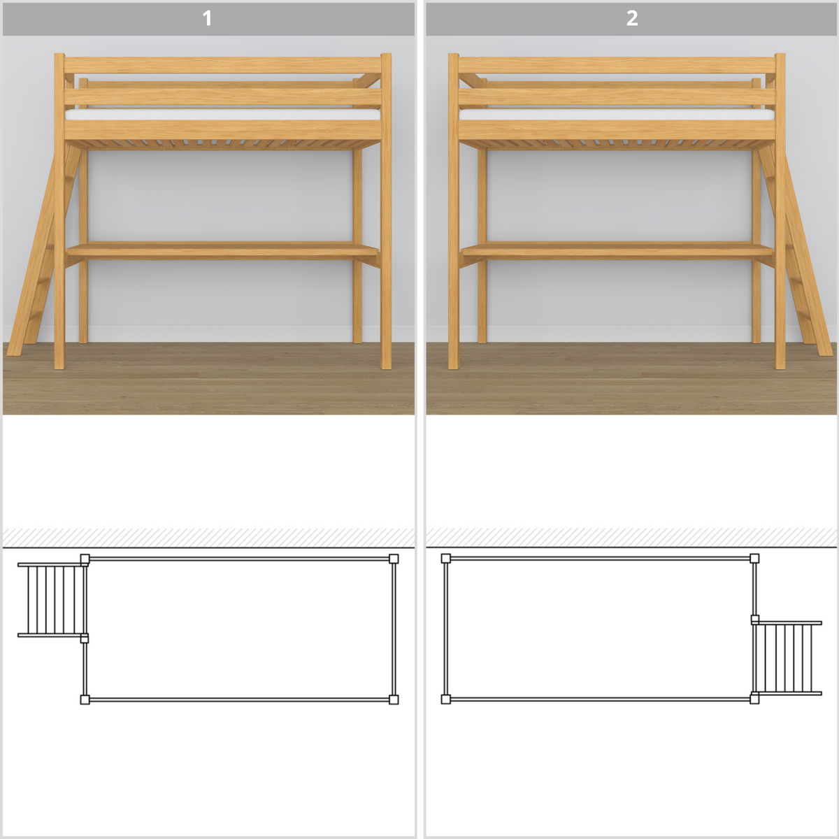 Natural Pine Wooden Loft Bed – Top View of Sleeping Area