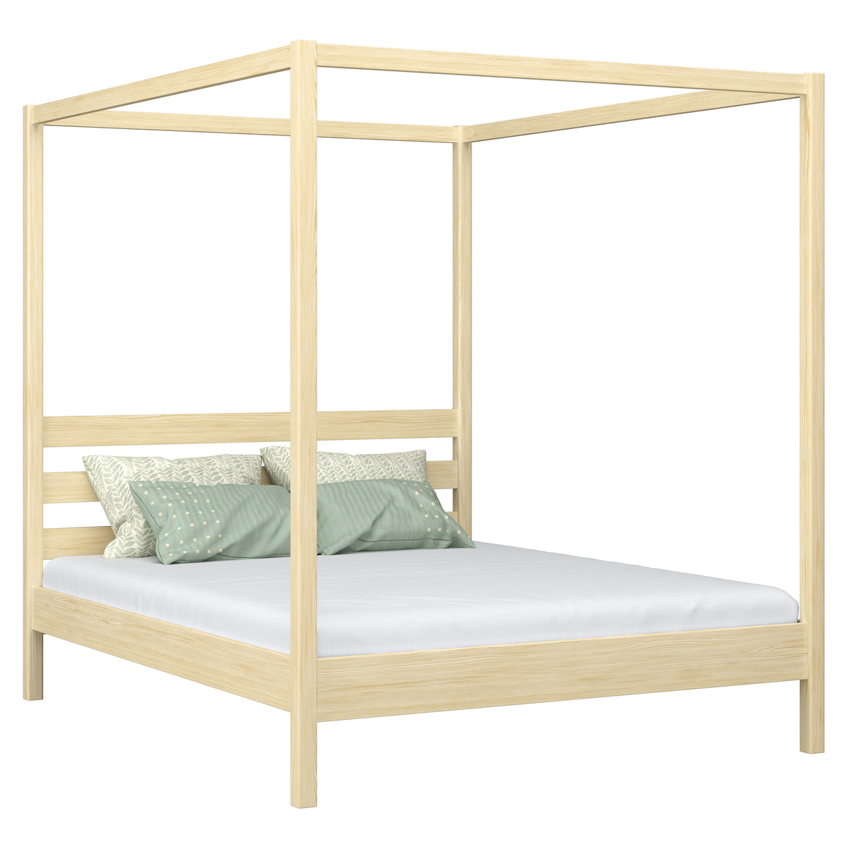 Wooden canopy double bed N01 clear pine – overall view, solid pine wood