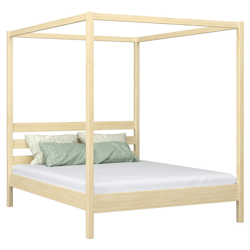 Wooden canopy double bed N01 clear pine – overall view, solid pine wood