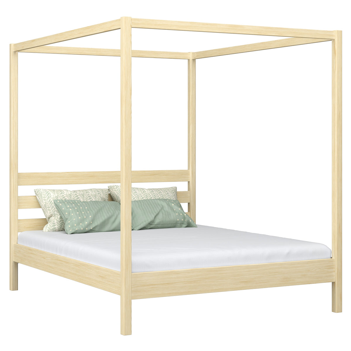 Double bed with canopy clear pine – wooden frame and slats, Nizio