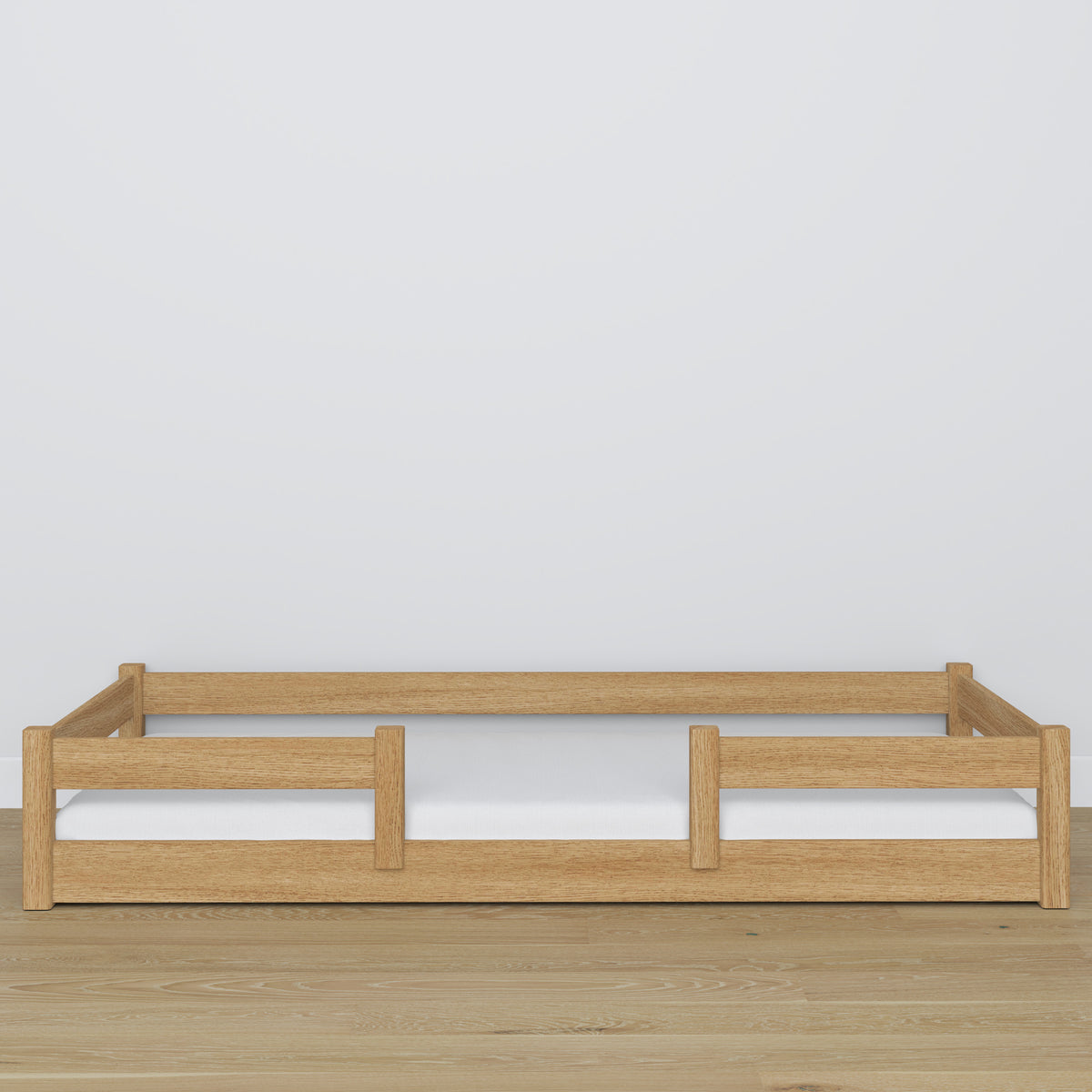 Łóżko niskie dąb naturalny – wezgłowie dębowe, zbliżenie na jakość drewna