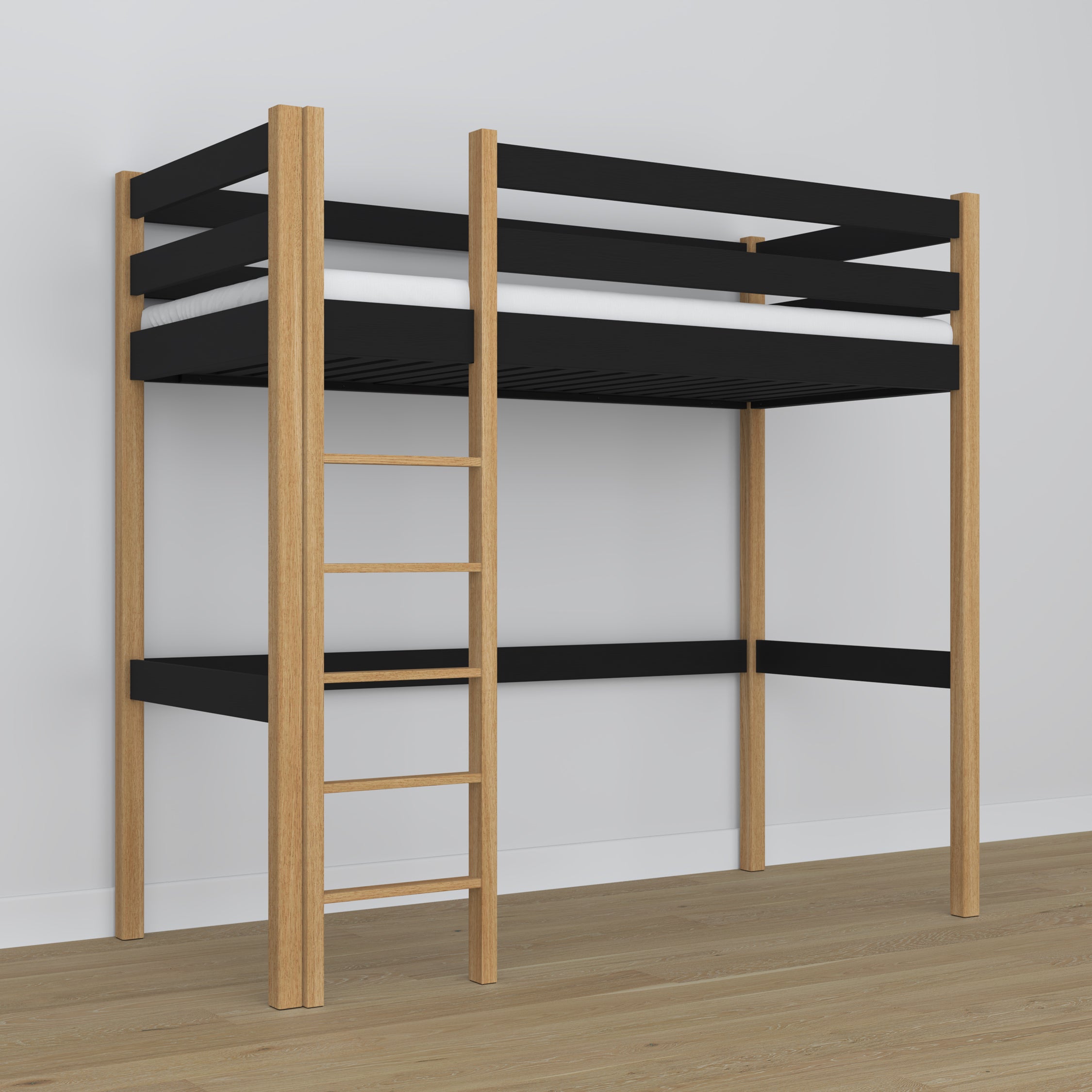 Loft bed black/oak wooden – dimensions and diagram, Nizio