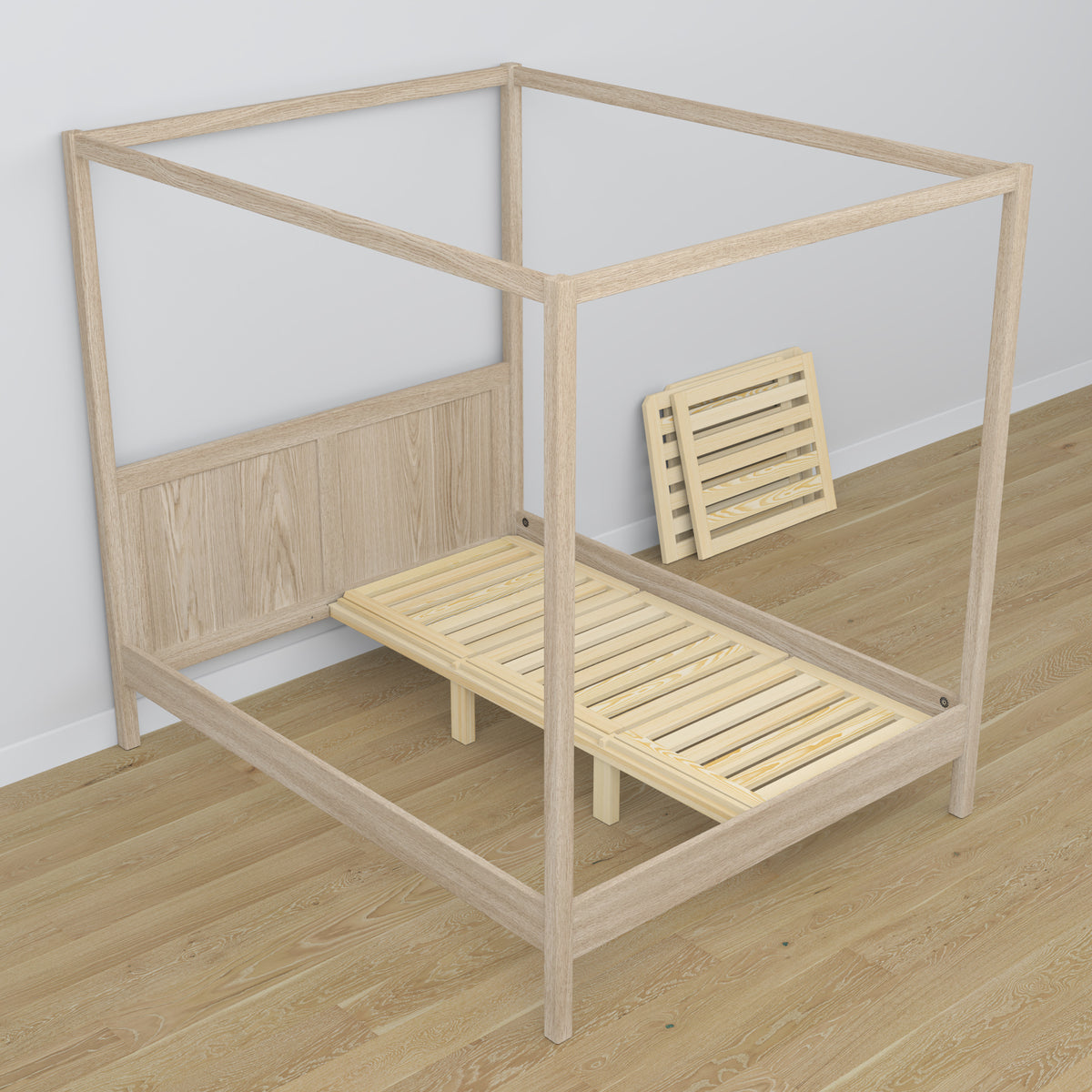 Bleached oak canopy bed made of oak – side view, scandi style