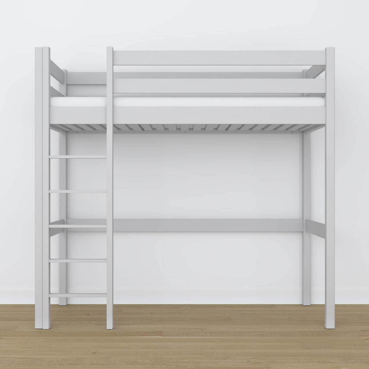 Loft bed grey wooden – top view of the sleeping area