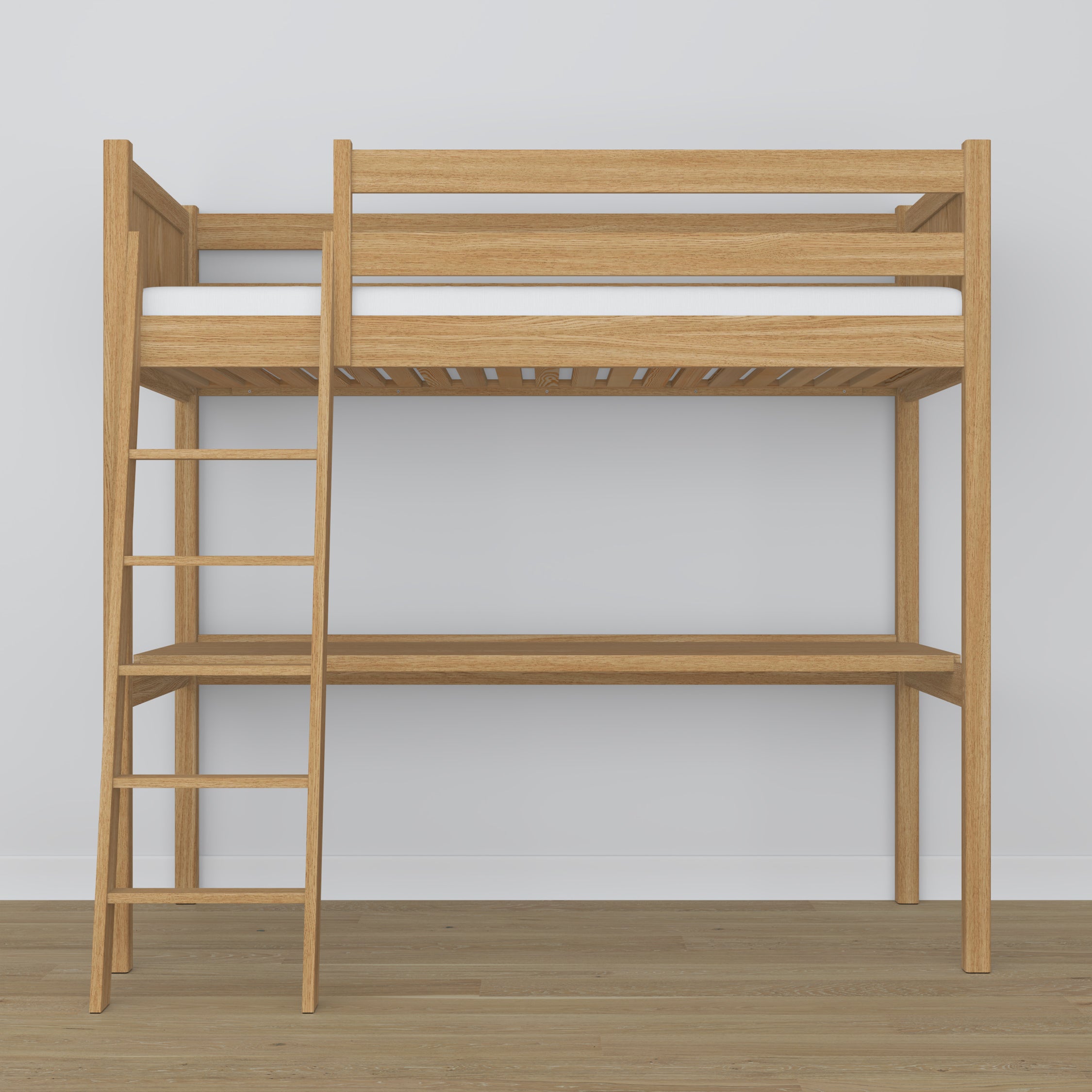 Loft bed natural oak with desk – study space under the sleeping area, oak