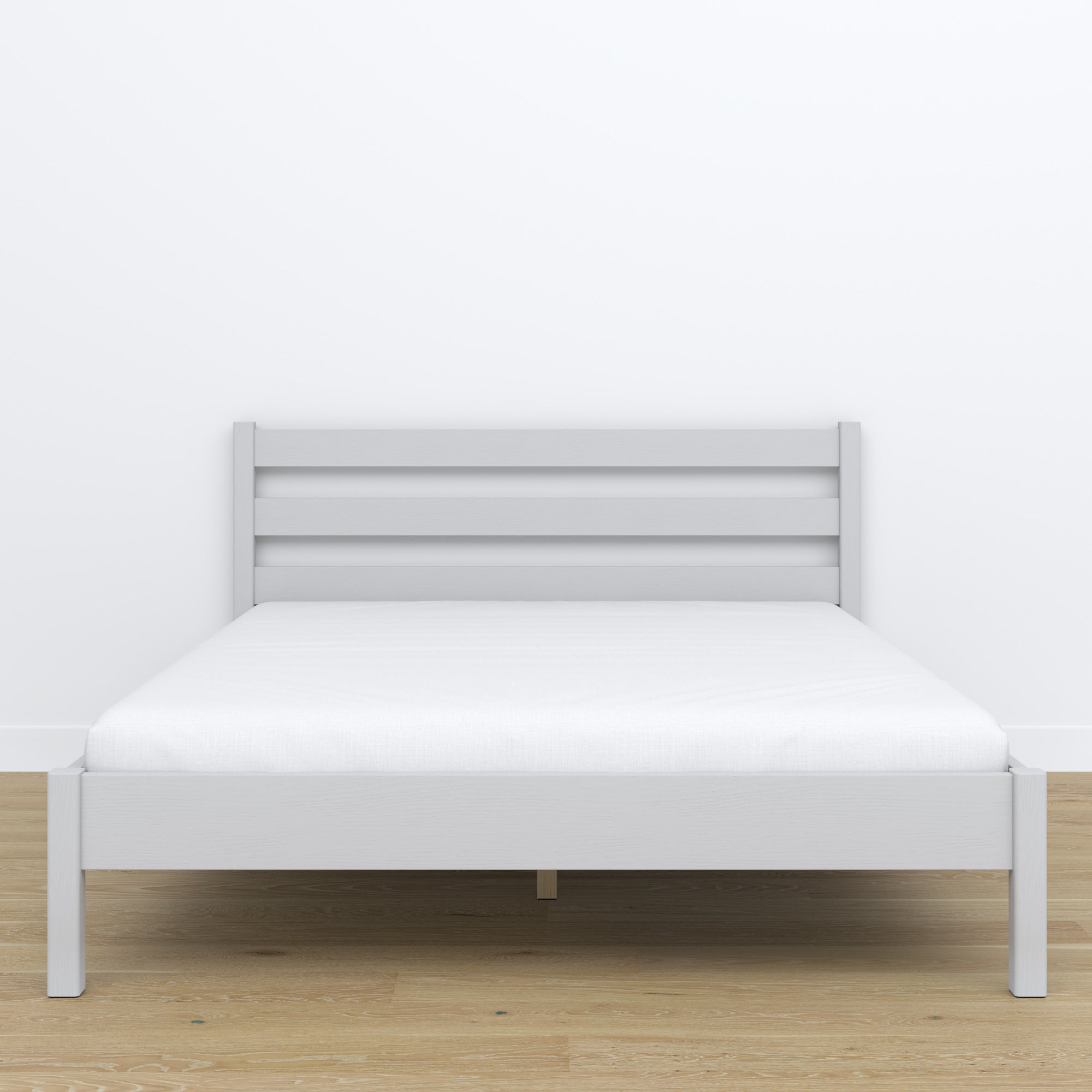 Wooden double bed grey – side view, proportions and shape, bedroom