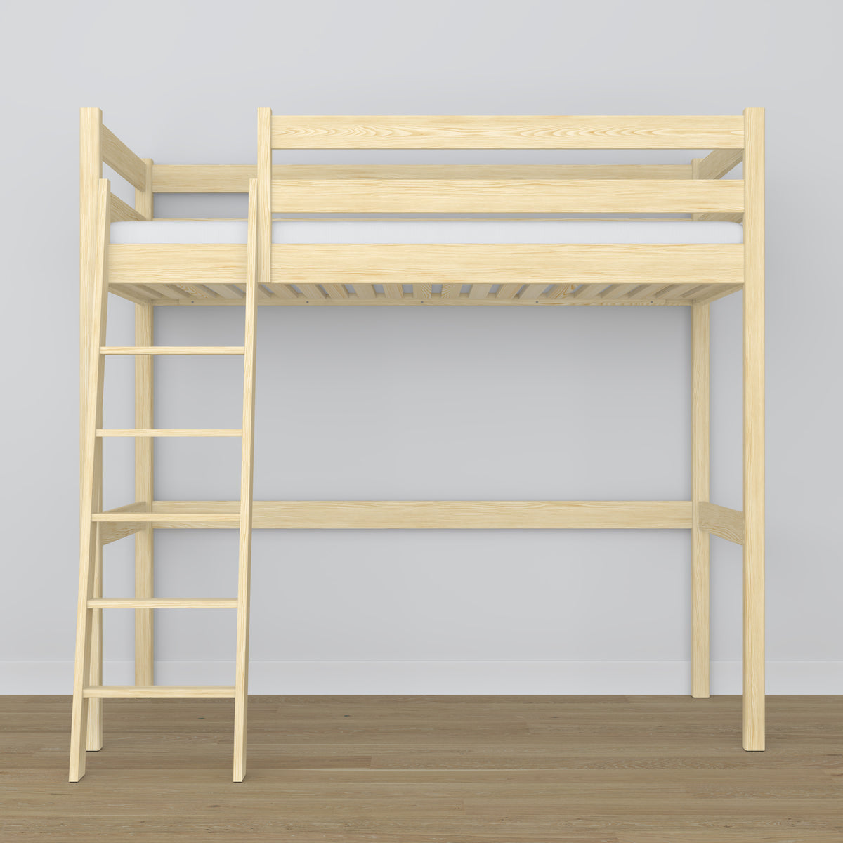 Clear Pine Wooden Loft Bed – Slatted Frame, Side View