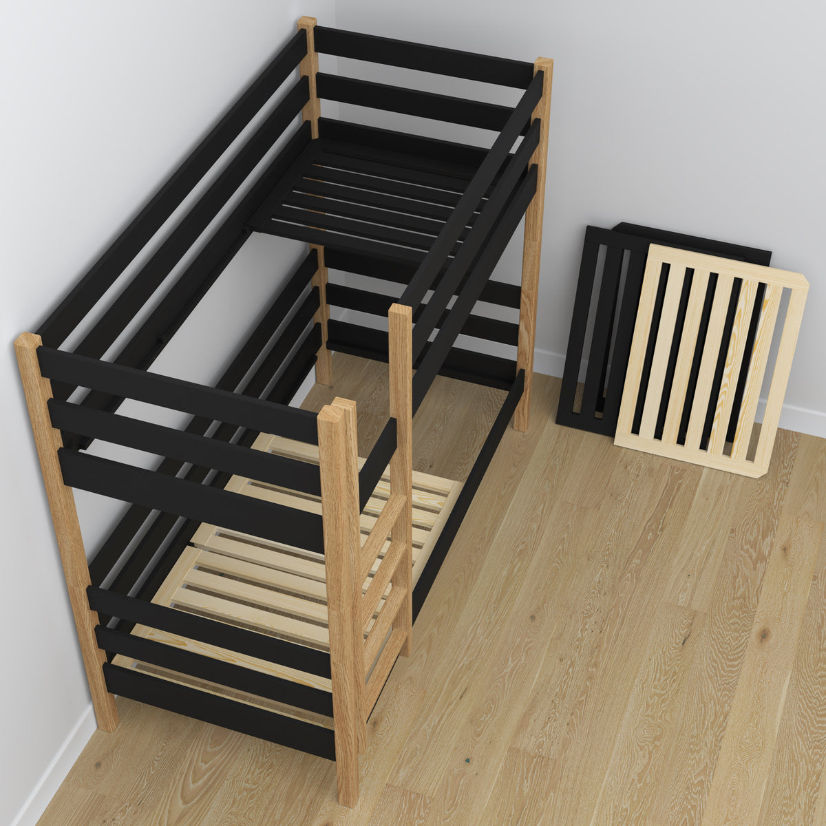 Black and Oak Wooden Bunk Bed – Slatted Frame, Durable Joinery Joints