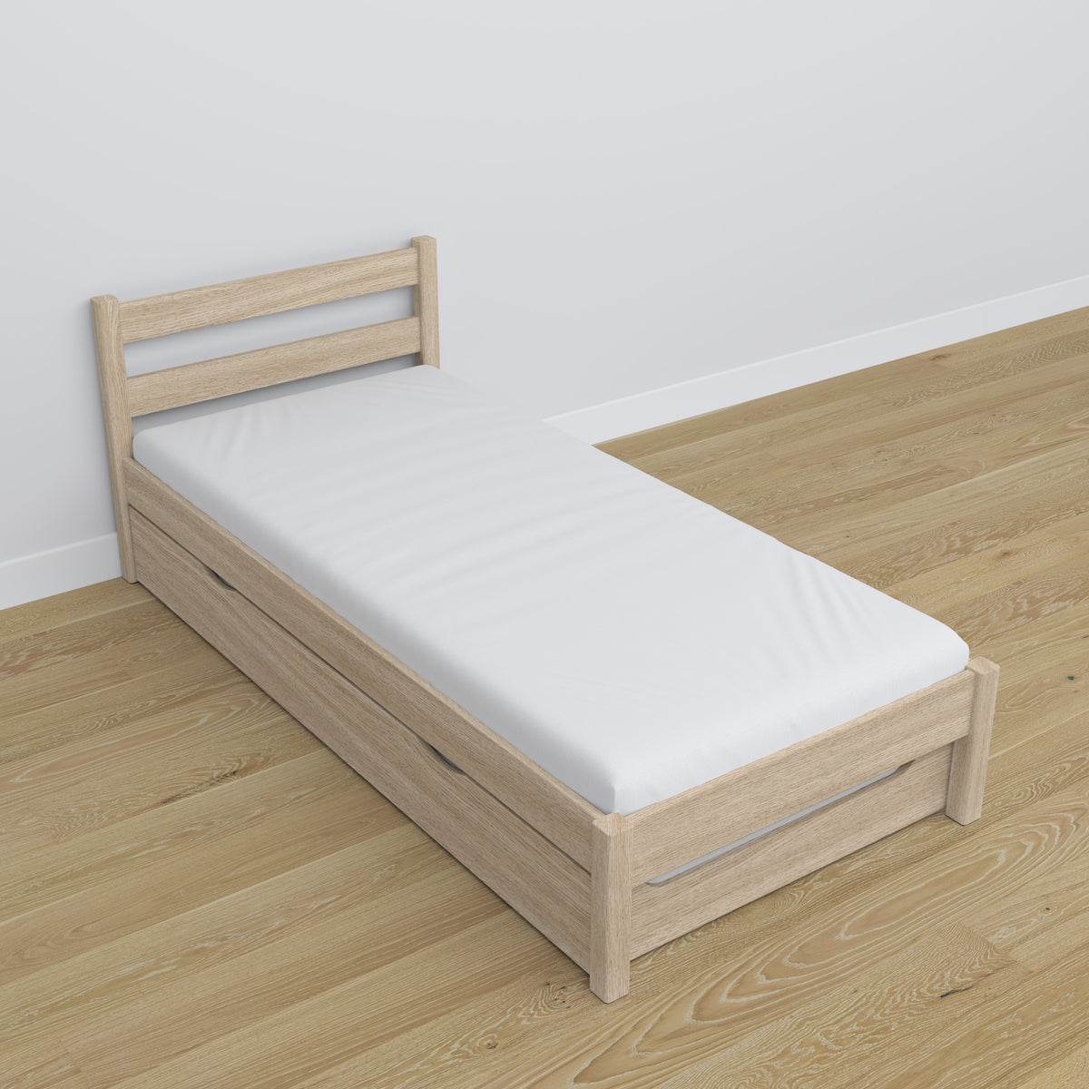 Bed with mattress drawer bleached oak made of oak – dimensions, Nizio