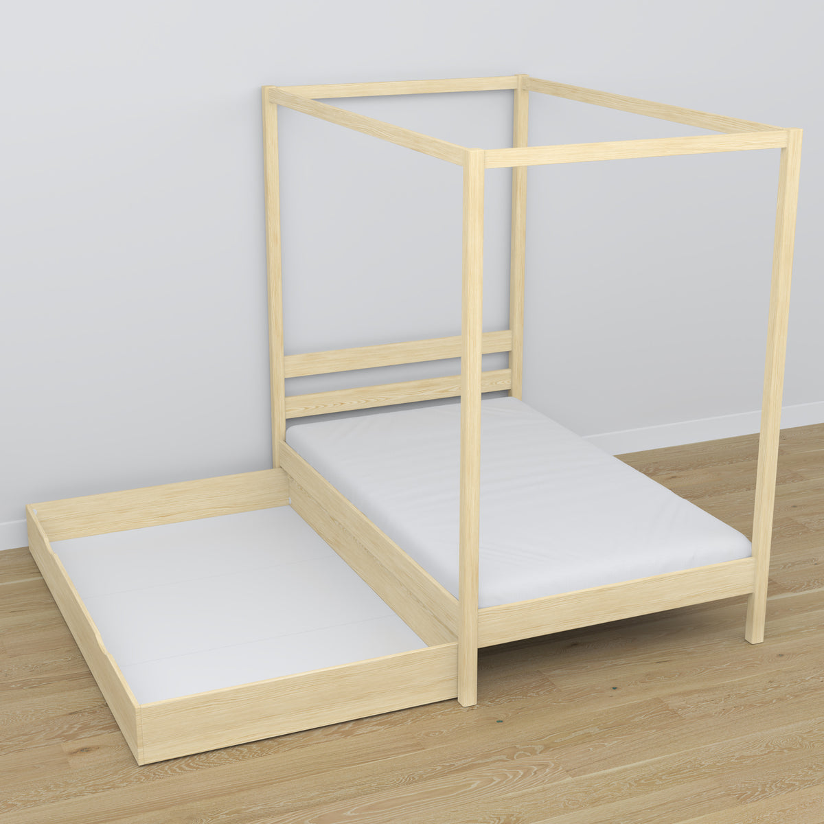 Clear pine canopy bed with drawer – side view, wooden