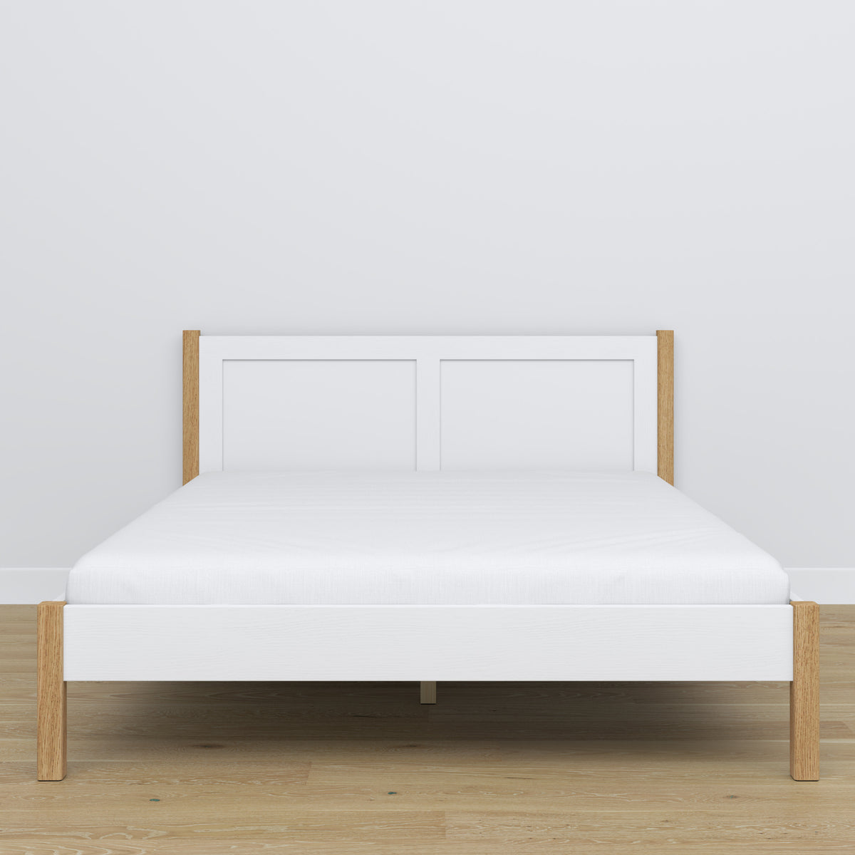 Wooden double bed white and oak – side view, proportions and shape, bedroom
