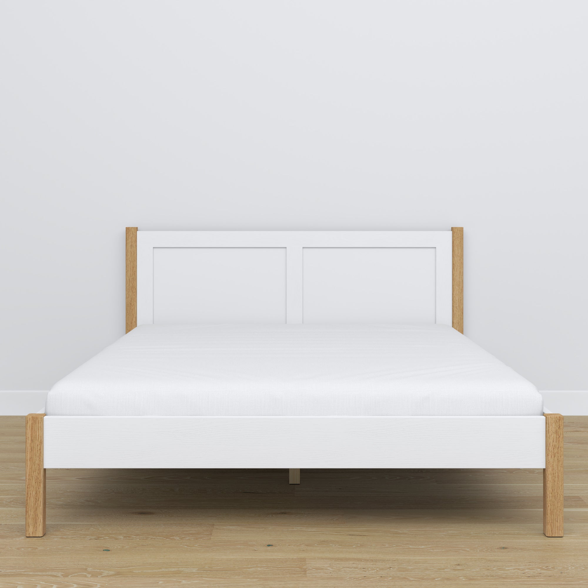Wooden double bed white and oak – side view, proportions and shape, bedroom
