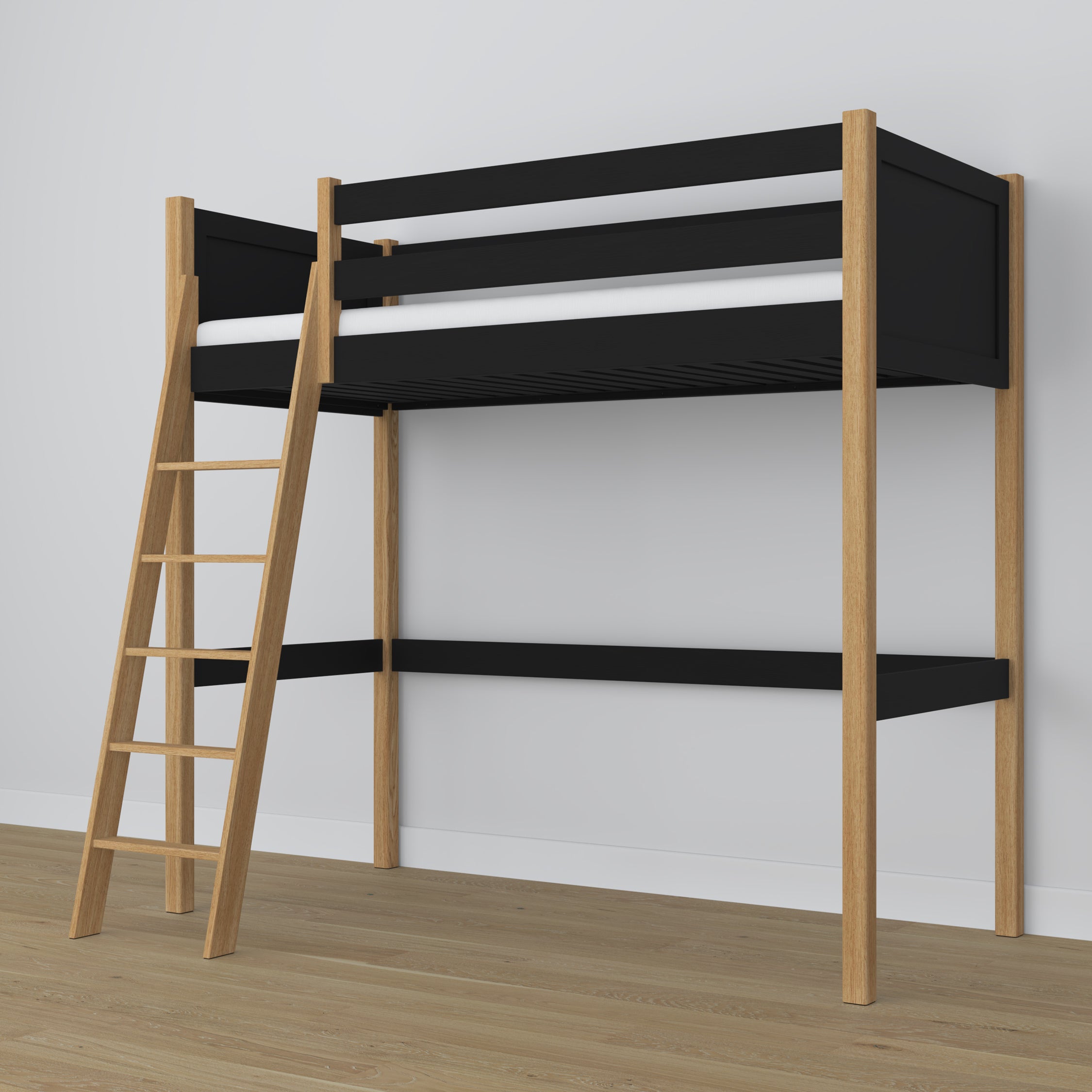 Black and Oak Wooden Loft Bed – Free Space Under the Sleeping Area, Nizio