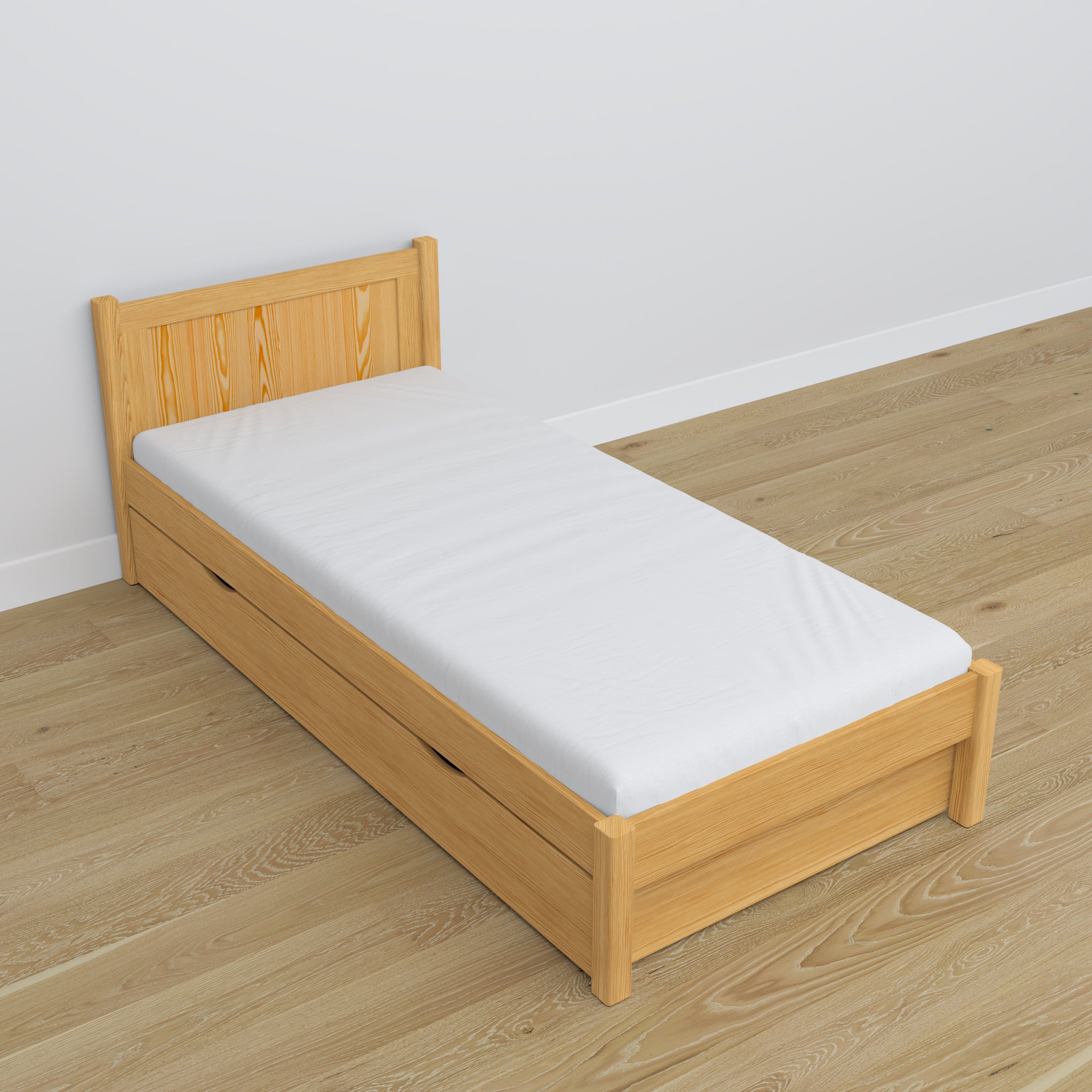 Natural pine bed with drawer – runners and wooden details, Nizio