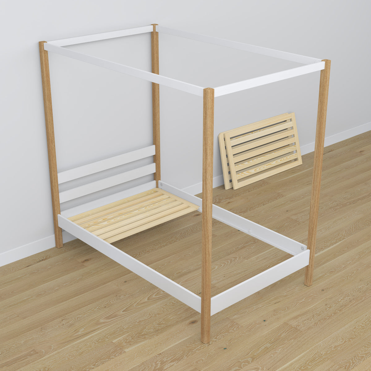 Wooden canopy bed white-oak – scandi child’s room arrangement