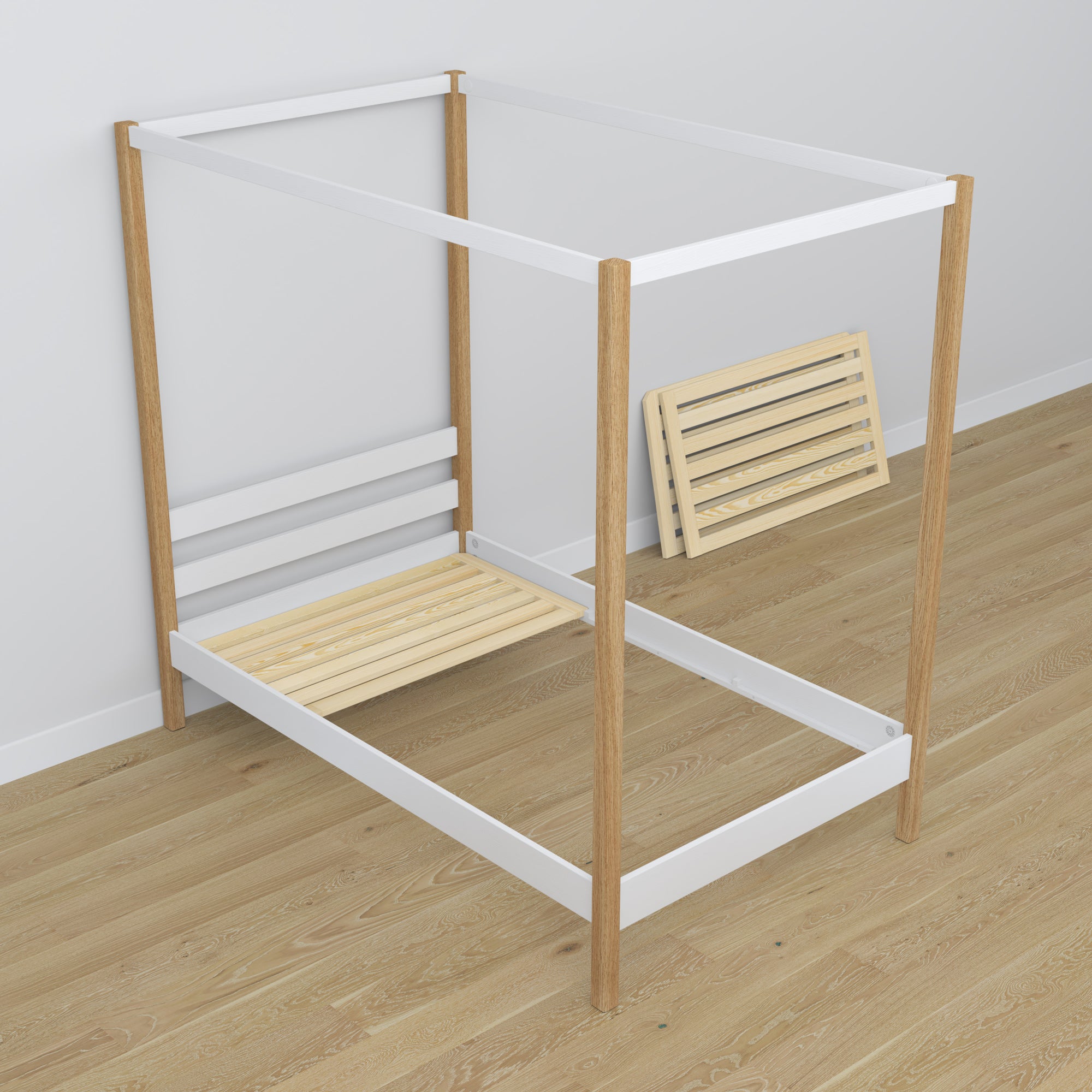 Wooden canopy bed white-oak – scandi child’s room arrangement