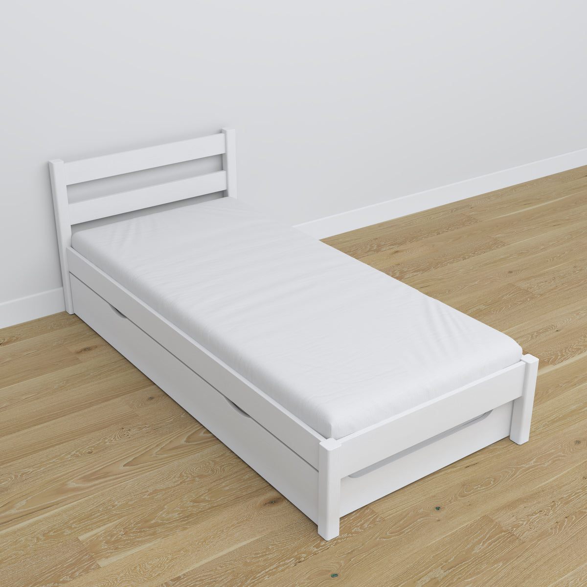 Bed with mattress drawer white made of wood – dimensions, Nizio