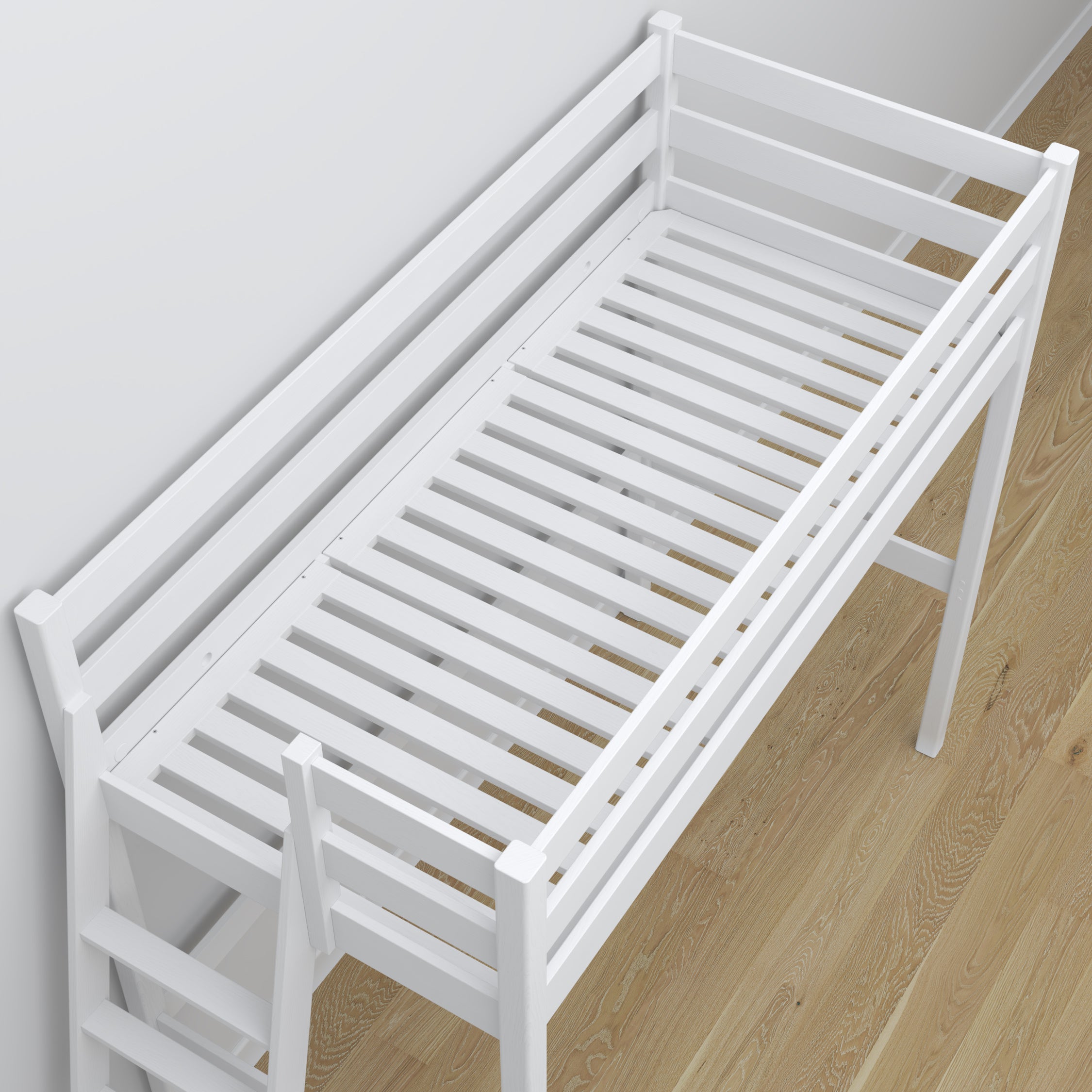 Loft bed white wooden – top view of the sleeping area