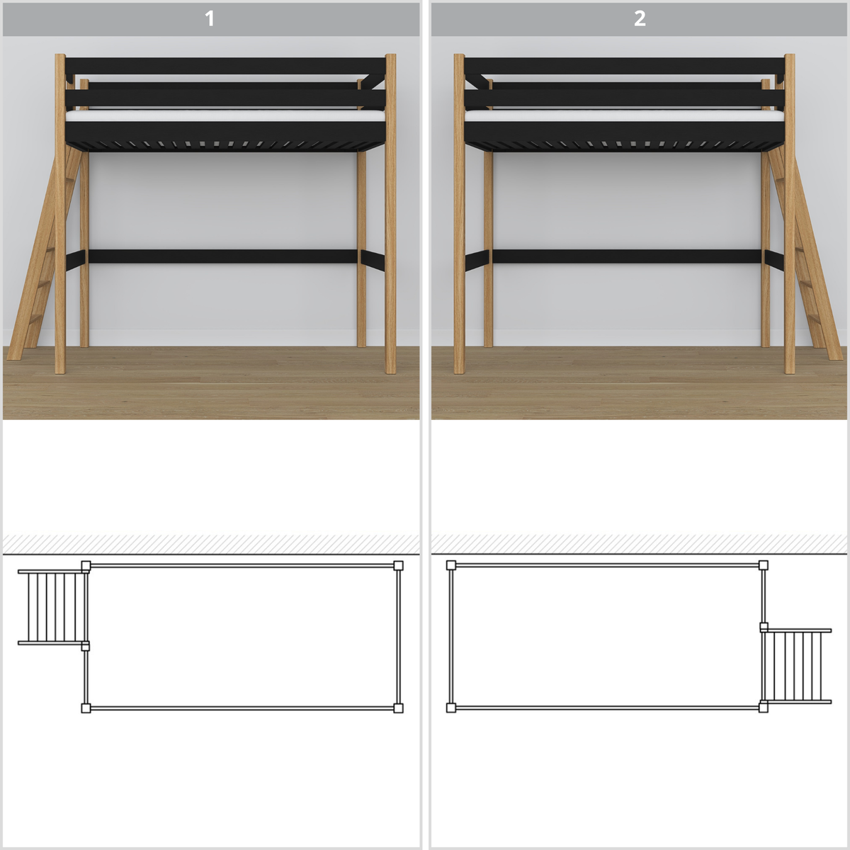 Black and Oak Wooden Loft Bed – Top View of Sleeping Area
