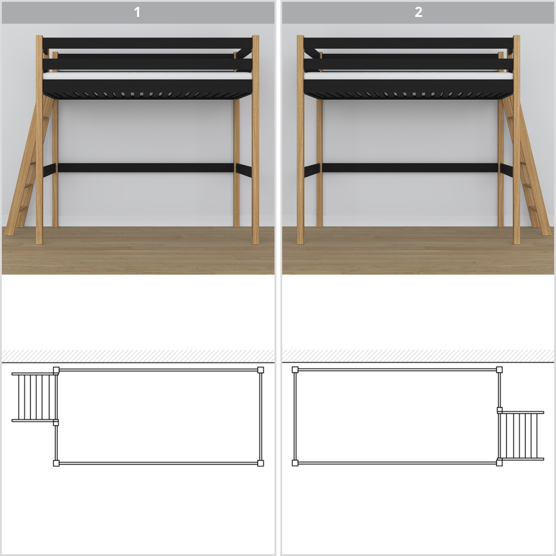 Black and Oak Wooden Loft Bed – Top View of Sleeping Area