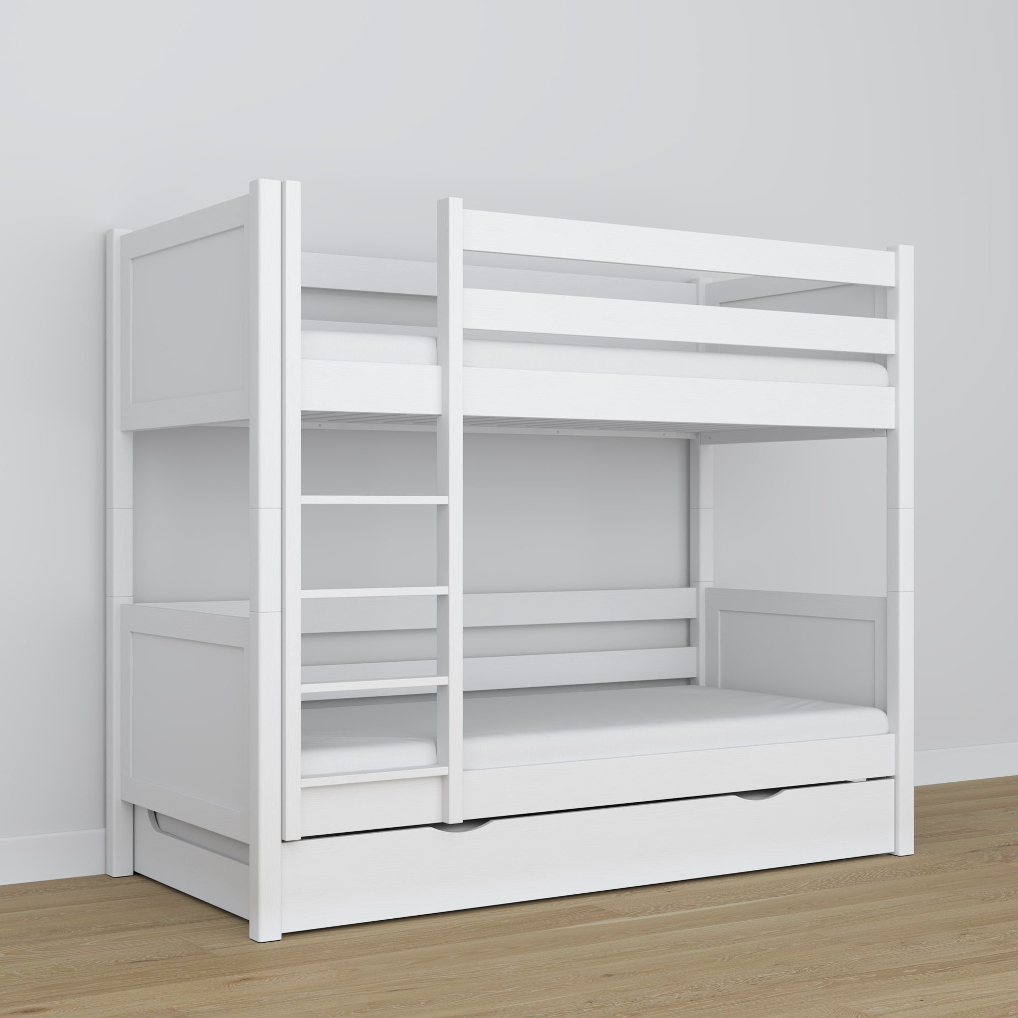 White Wooden Bunk Bed – Interior of Mattress Drawer, Children’s Room
