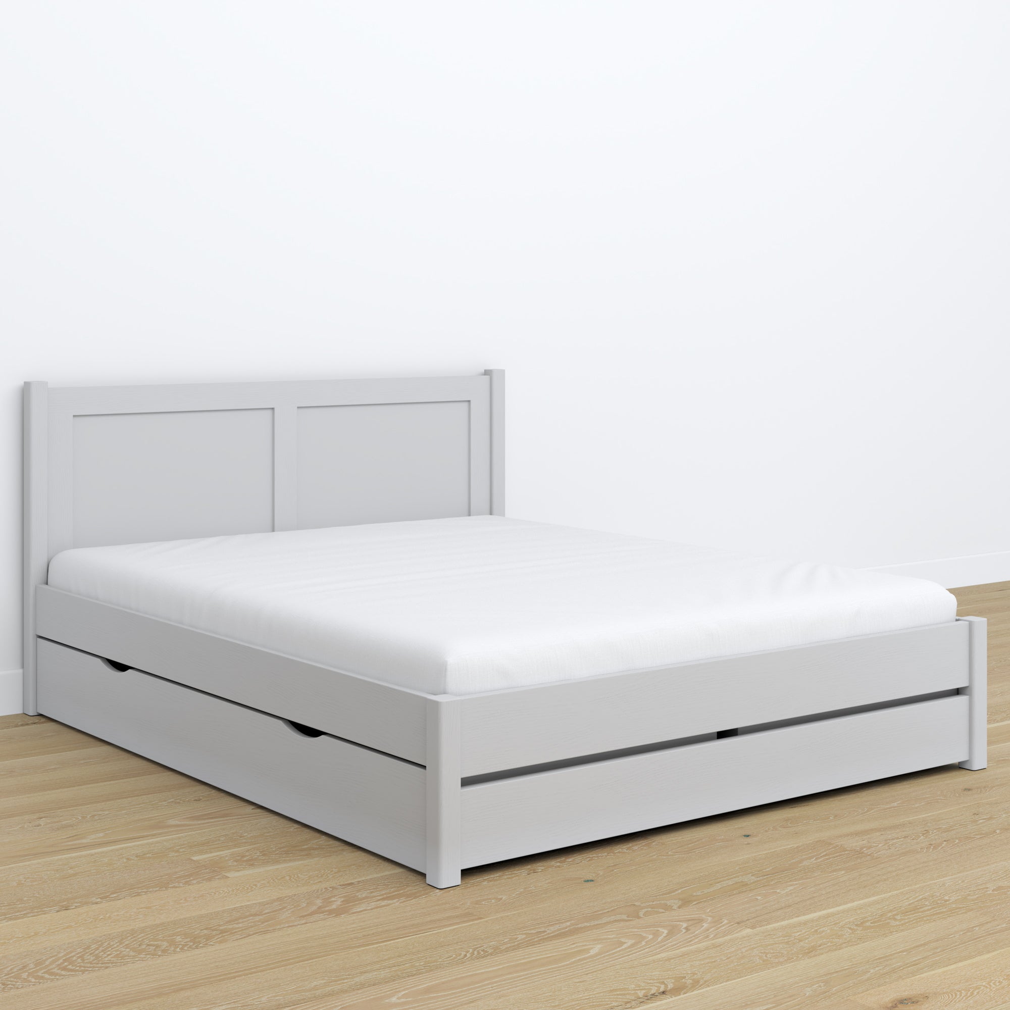 Double bed grey with drawer – wooden headboard, close-up