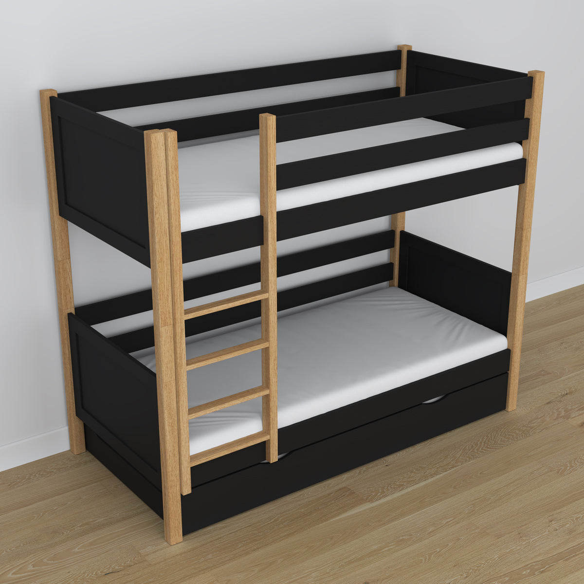 Black and Oak Bunk Bed for Children – Mattress Drawer, Wooden, Nizio