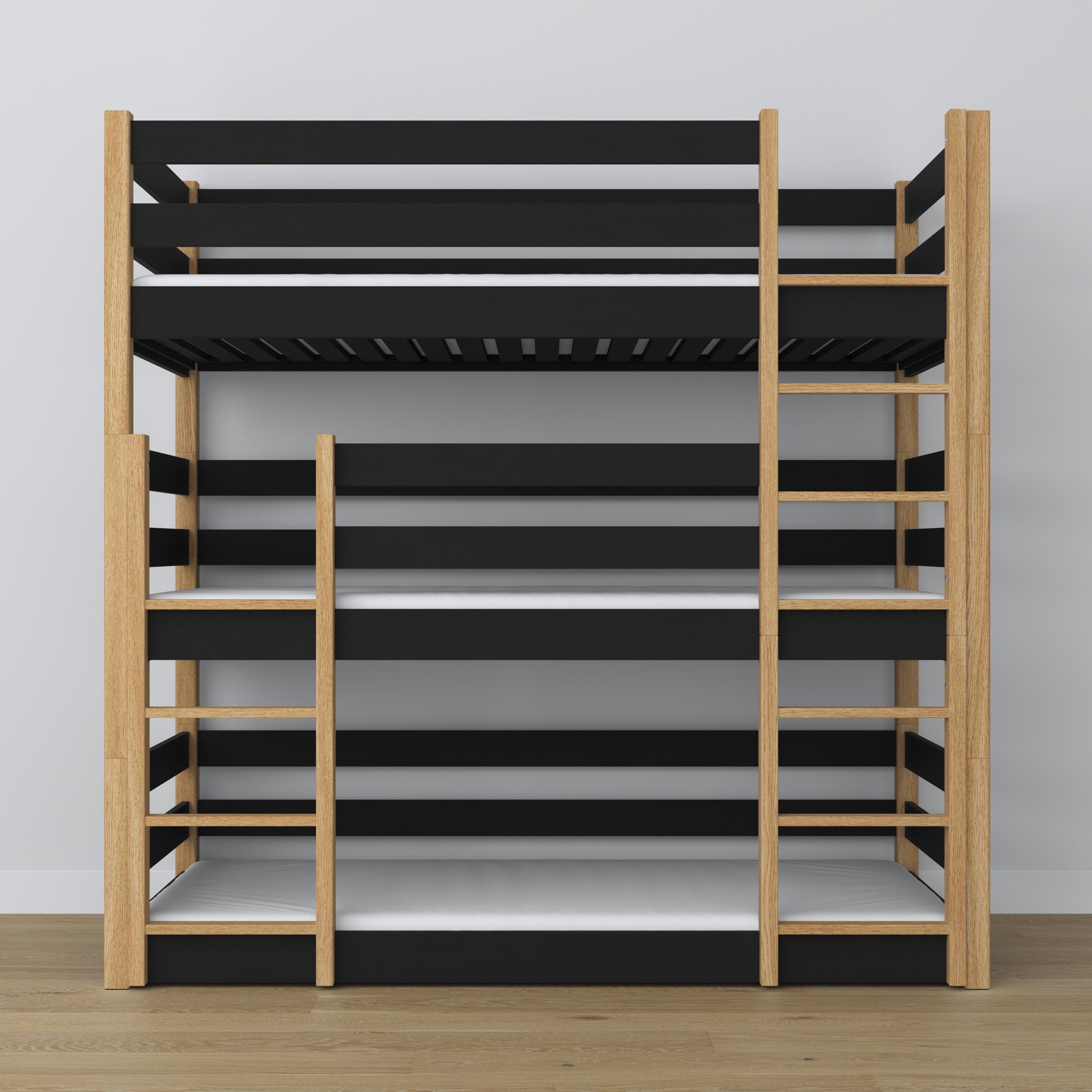 Triple bunk bed black with oak – ladder and safety rails, wooden