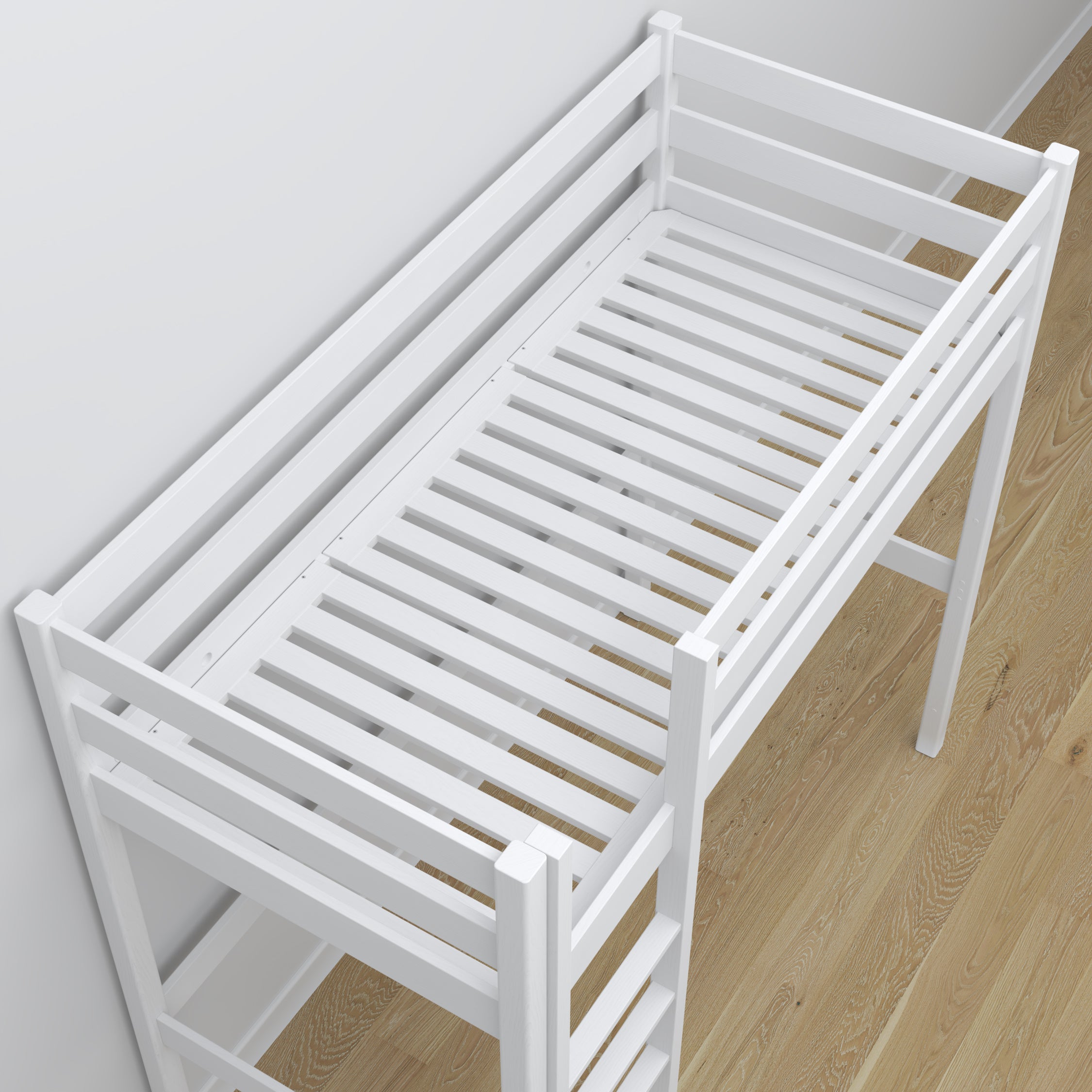 Loft bed white wooden – top view of the sleeping area, Nizio