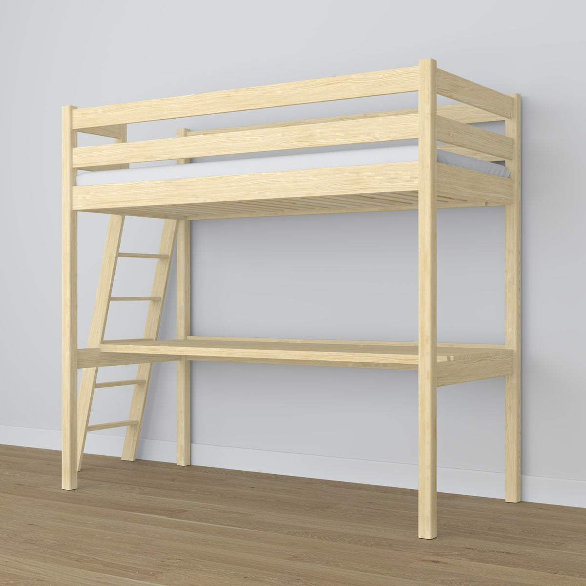 Clear Pine Wooden Loft Bed with Desk – Ladder and Safety Rail
