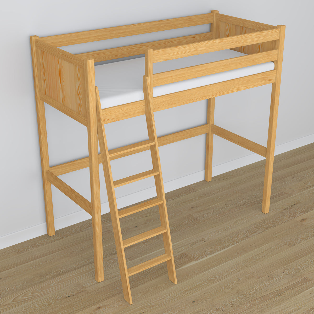 Loft bed natural pine wooden – top view of the sleeping area