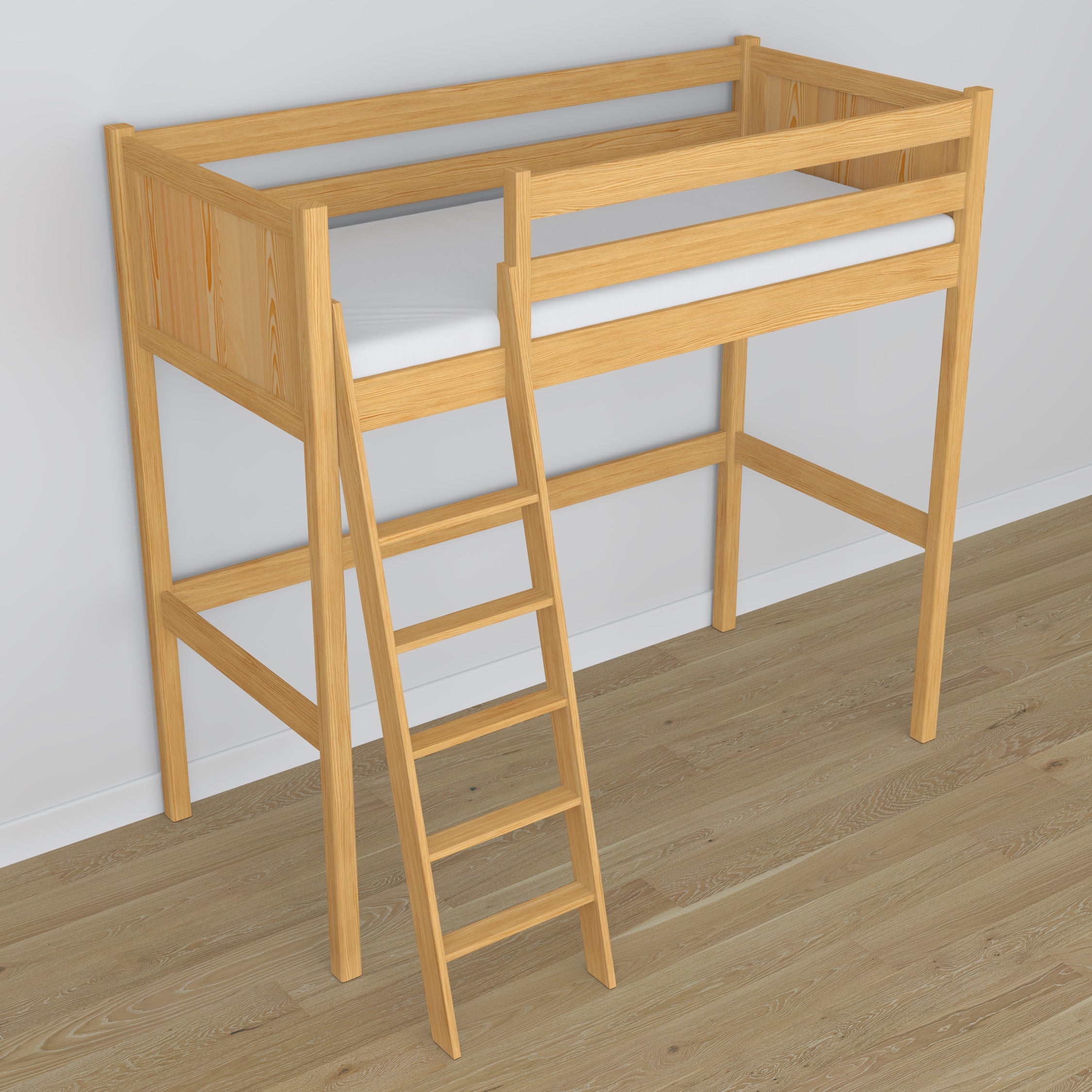 Loft bed natural pine wooden – top view of the sleeping area