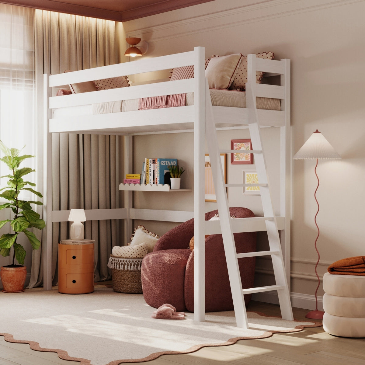 White Wooden Loft Bed – Free Space Under the Sleeping Area, Nizio