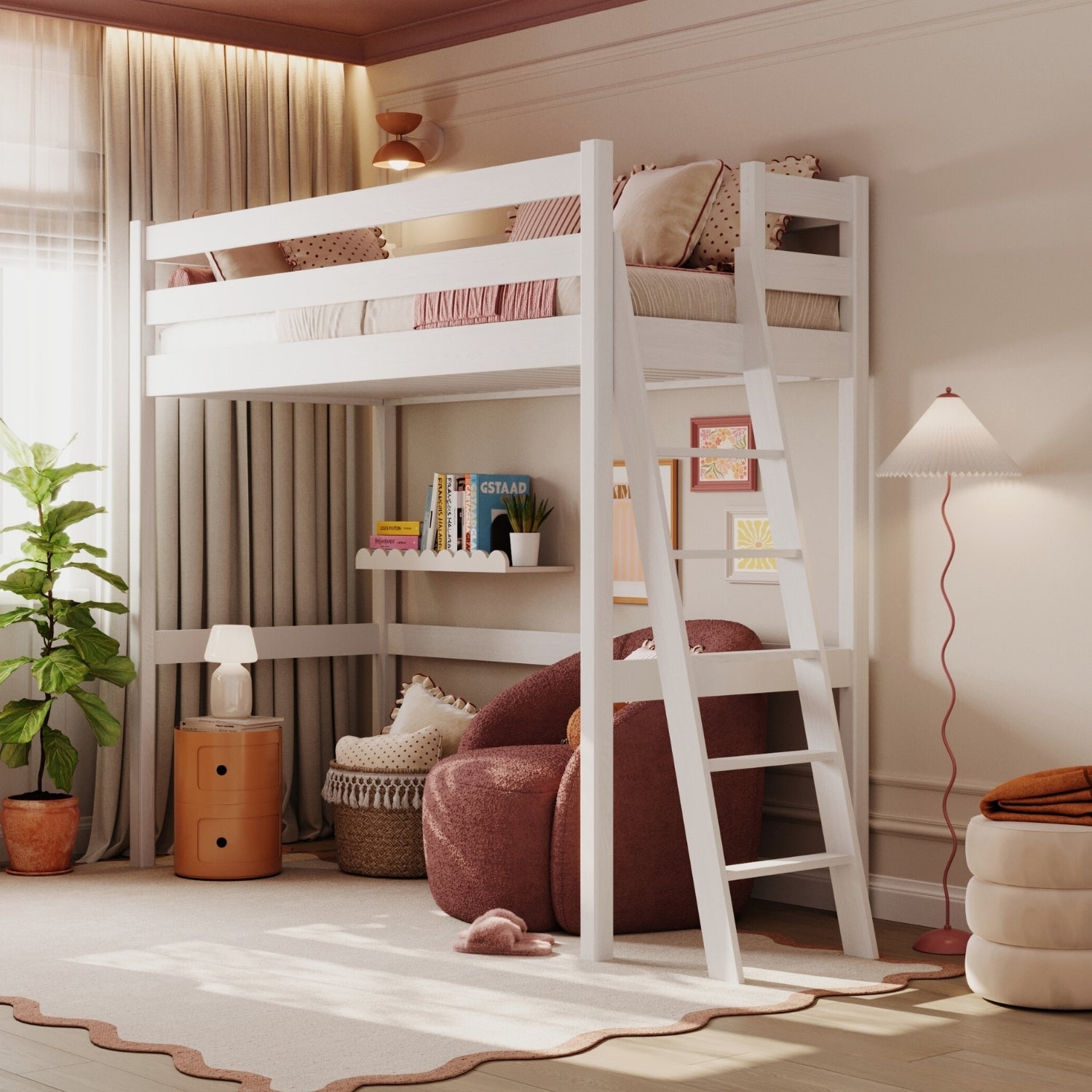 White Wooden Loft Bed – Free Space Under the Sleeping Area, Nizio