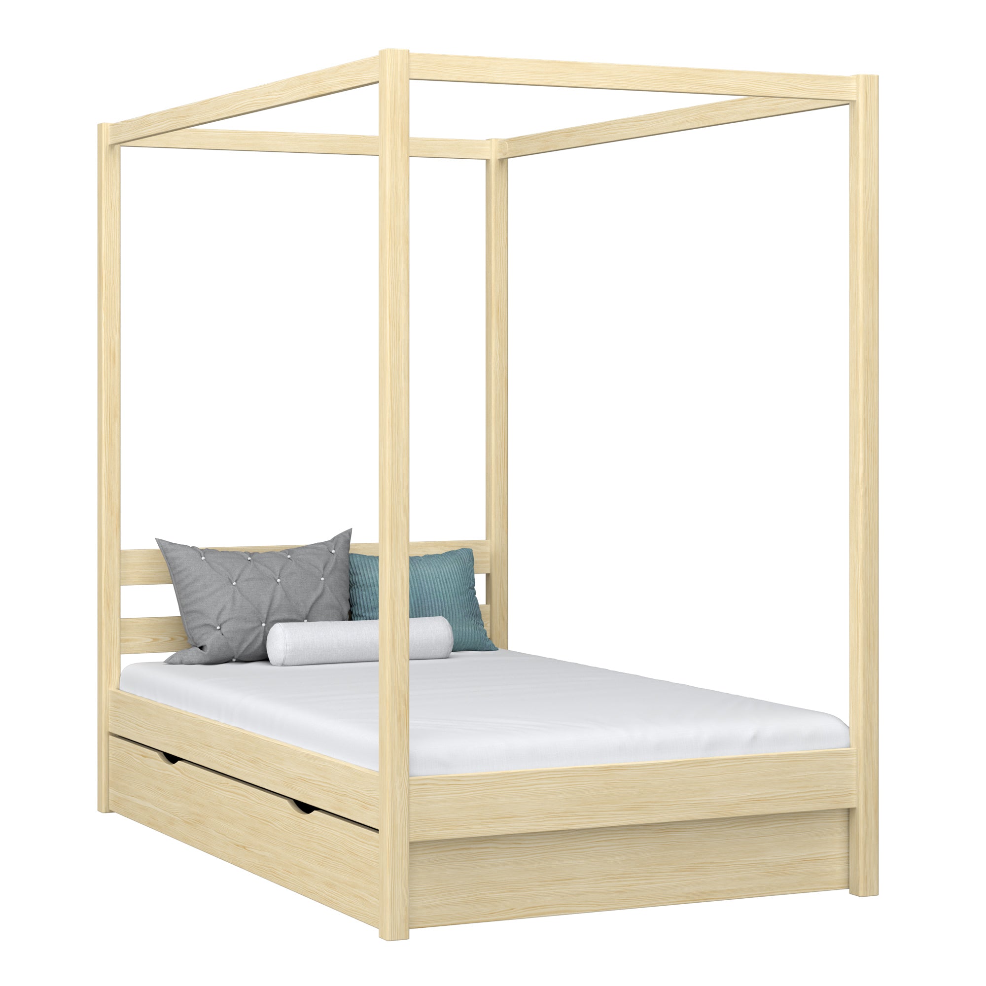 Wooden canopy bed with drawer clear pine – child’s room, scandi style