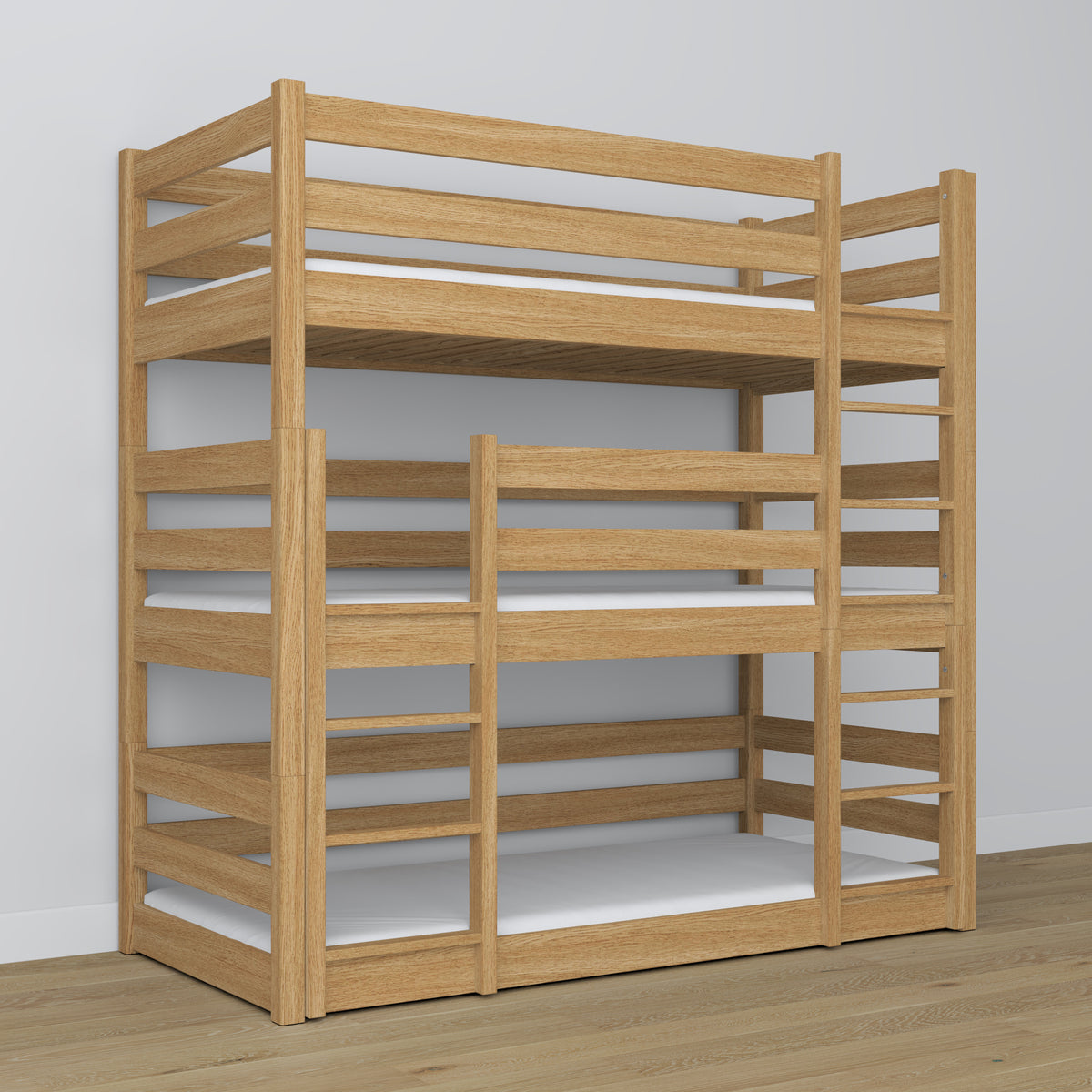Triple bunk bed wooden natural oak – maximum use of room space