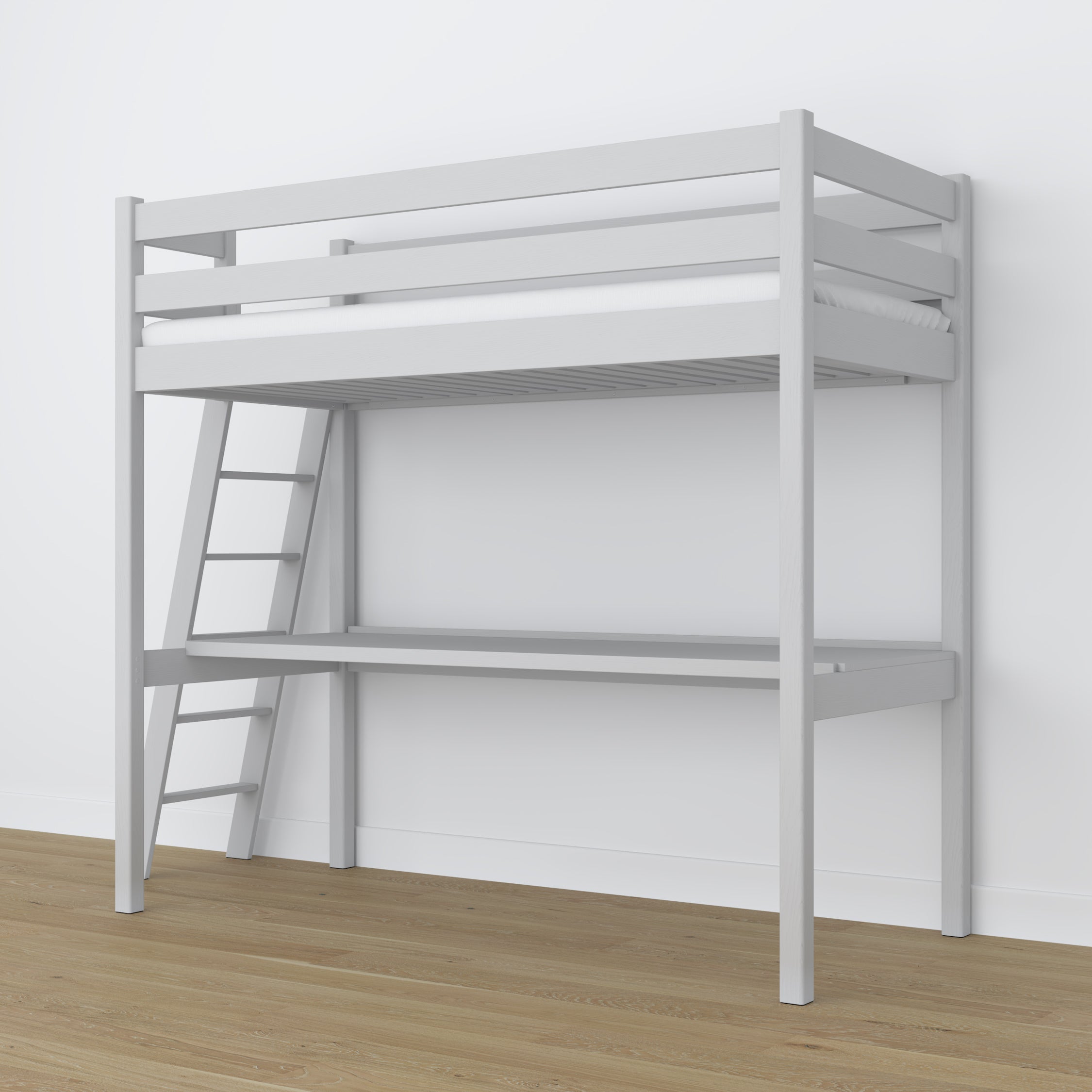 Loft bed grey – wooden desk under the sleeping area, scandi children’s room