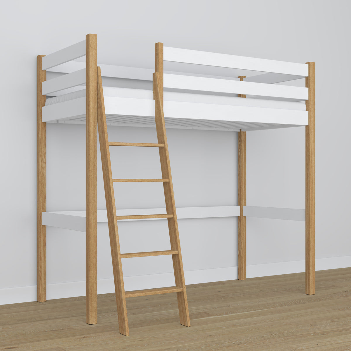 Loft bed white/oak wooden – top view of the sleeping area