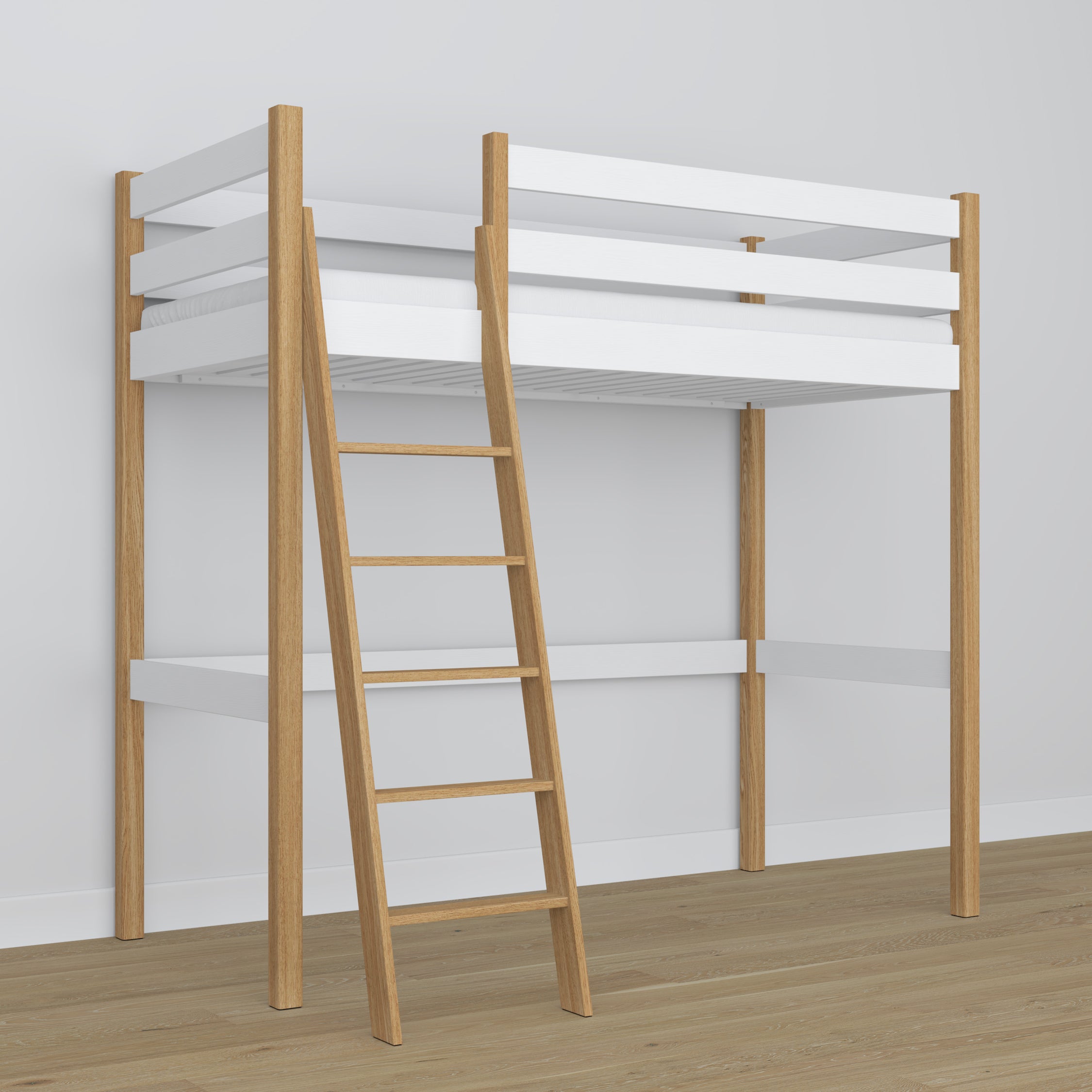 Loft bed white/oak wooden – top view of the sleeping area