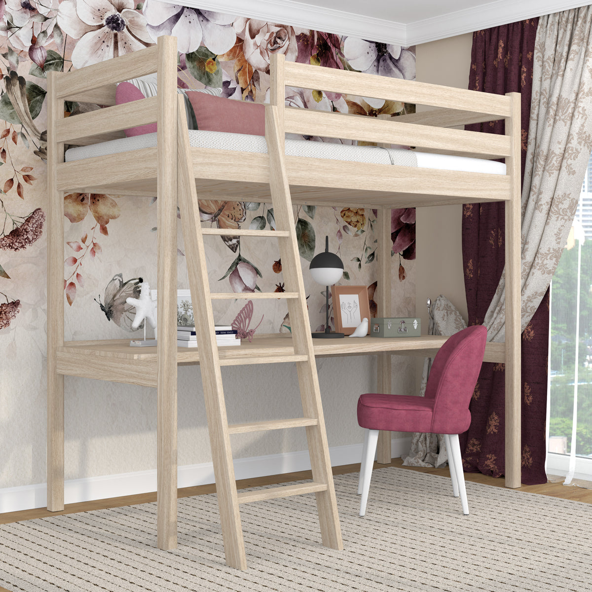 Oak Loft Bed with Desk Bleached Oak – Ladder and Safety Rail